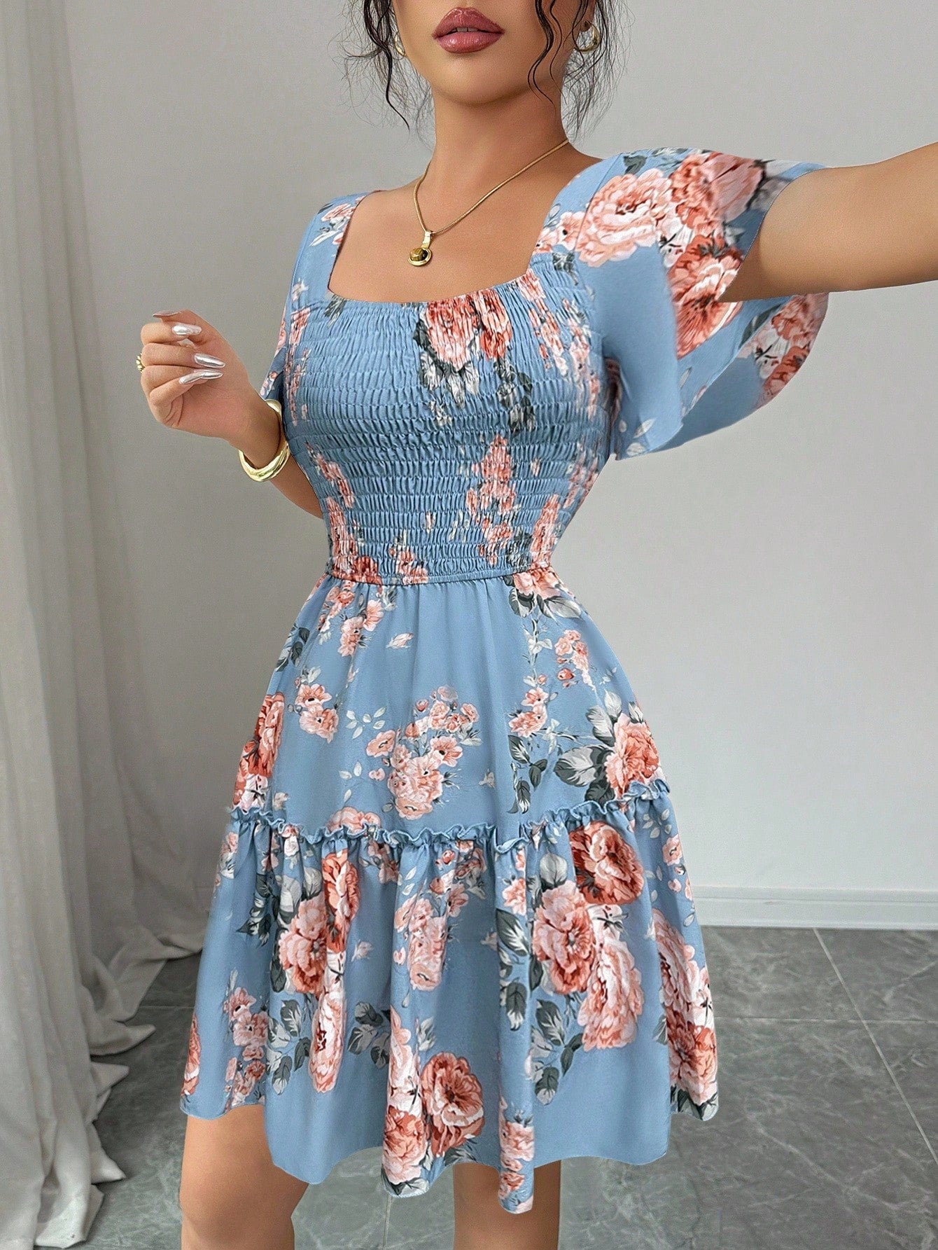 Elenzga Women Floral Print Sashes Ruffle Hem Short Sleeve Casual