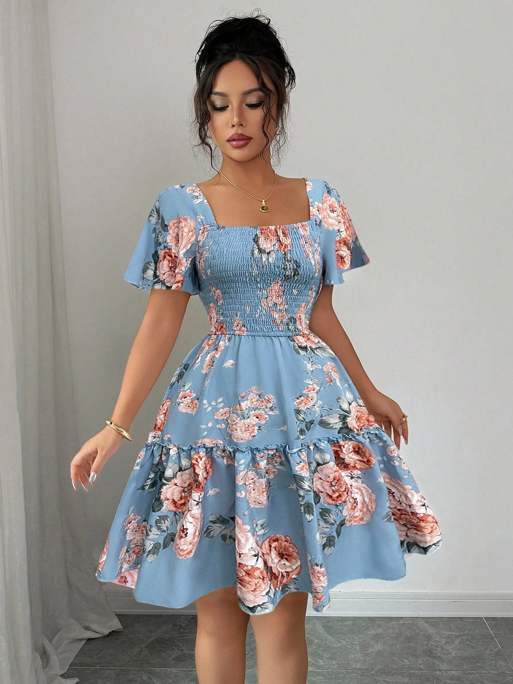Elenzga Women Floral Print Sashes Ruffle Hem Short Sleeve Casual