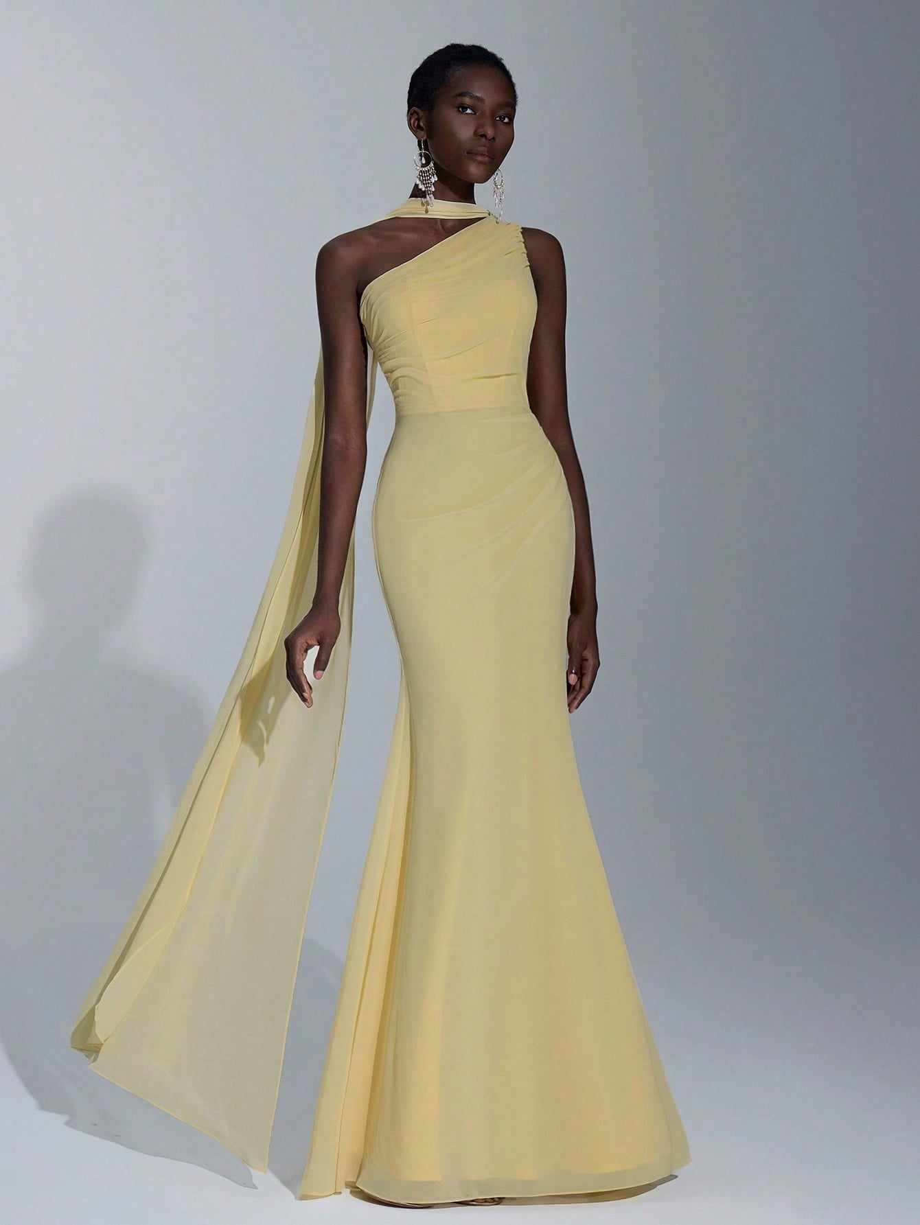 Elitara Light Yellow Summer Elegant Formal Wedding One-Shoulder Oblique Neck Flutter Side-Draped Chiffon - image 8