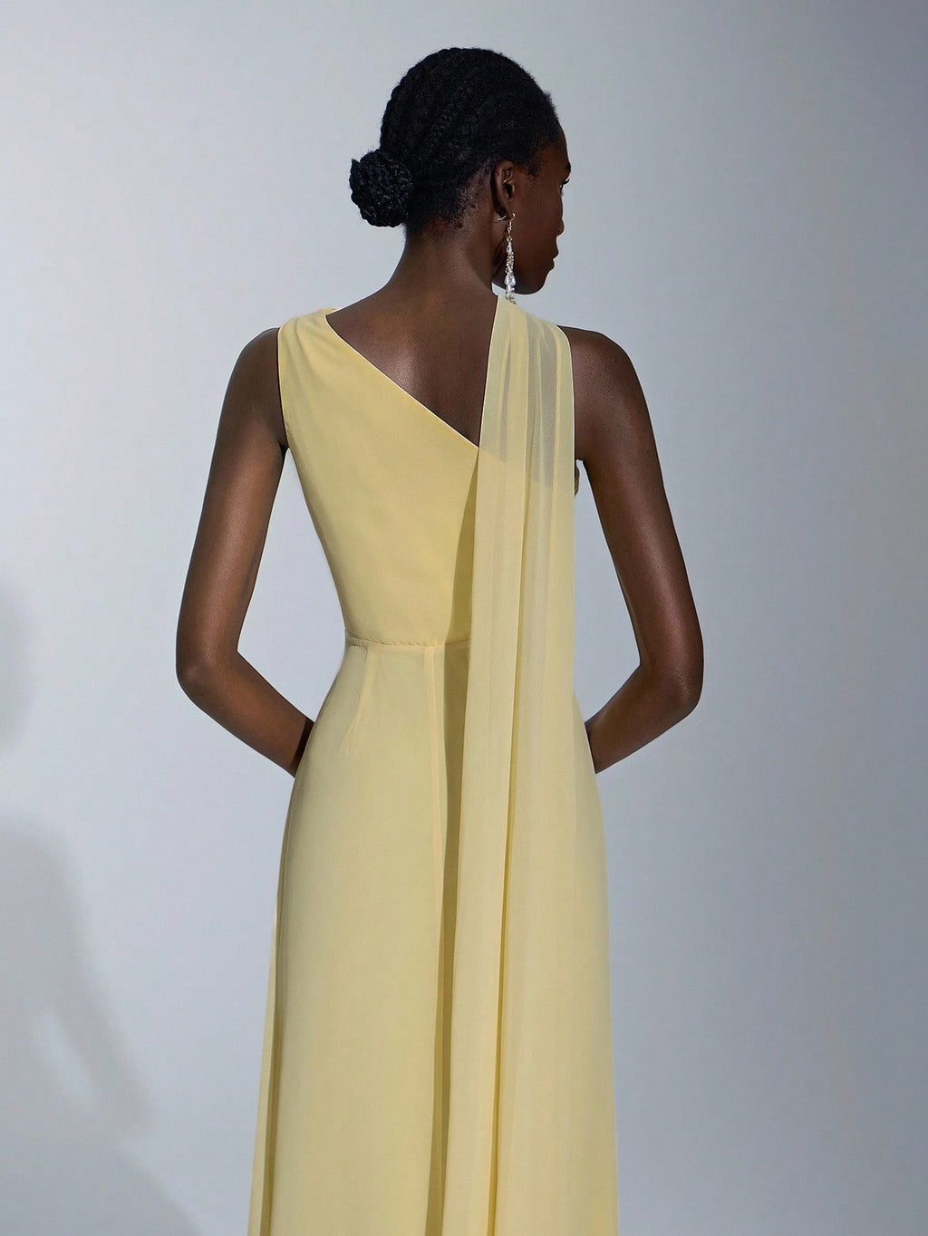Elitara Light Yellow Summer Elegant Formal Wedding One-Shoulder Oblique Neck Flutter Side-Draped Chiffon - image 10