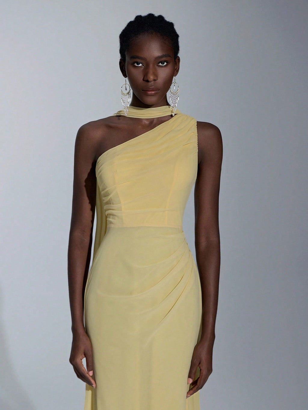 Elitara Light Yellow Summer Elegant Formal Wedding One-Shoulder Oblique Neck Flutter Side-Draped Chiffon - image 18