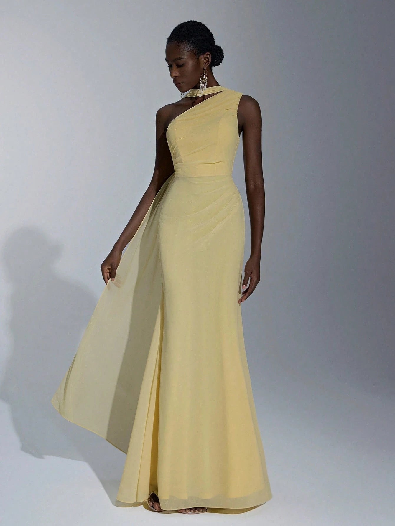 Elitara Light Yellow Summer Elegant Formal Wedding One-Shoulder Oblique Neck Flutter Side-Draped Chiffon - image 20