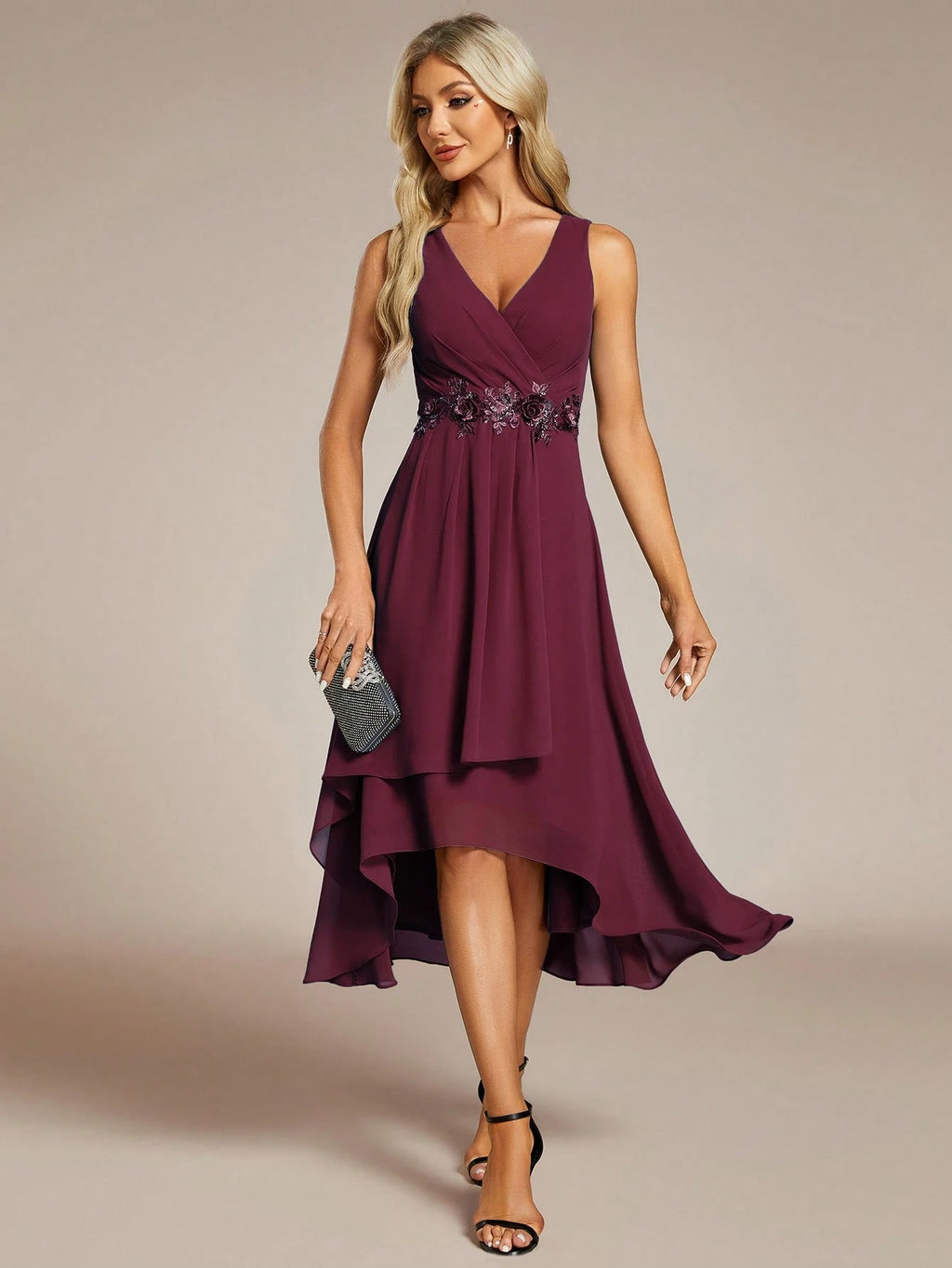 EVERPRETTY Elegant Spring V-Neck Embroidered Chiffon Pleated Navy Blue Bridesmaid Dress, Formal Evening Gown - image 13
