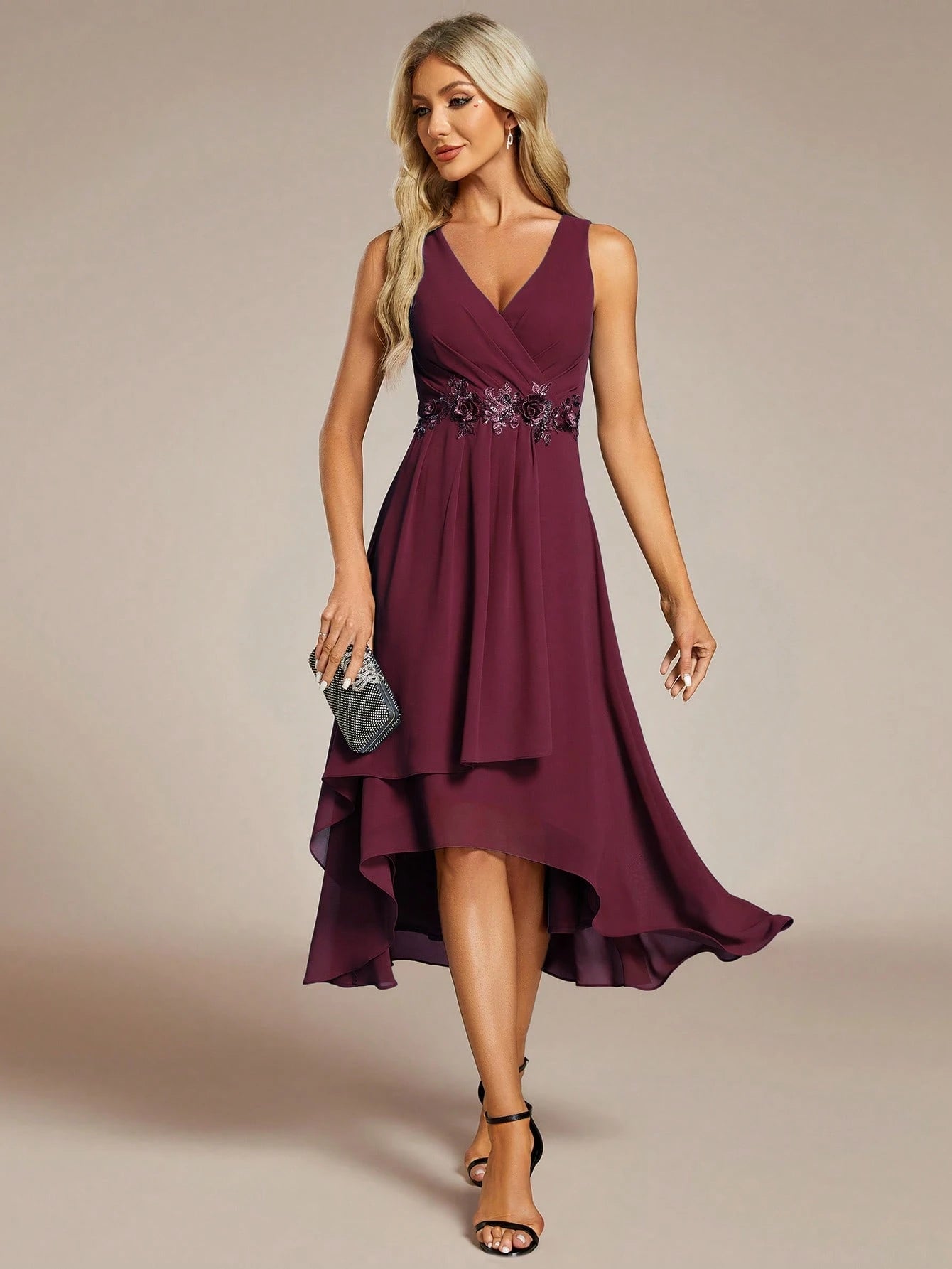 EVERPRETTY Elegant Spring V-Neck Embroidered Chiffon Pleated Navy Blue Bridesmaid Dress, Formal Evening Gown - image 13