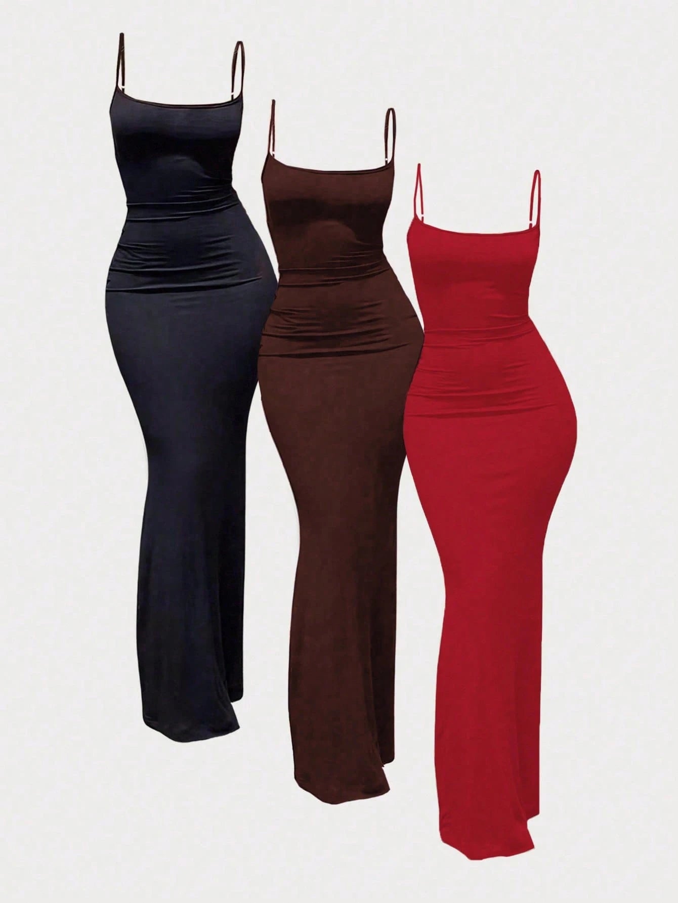MYSTAURA 3pcs/Set Solid Color Pleated Fitted Camisole Dress, Black,