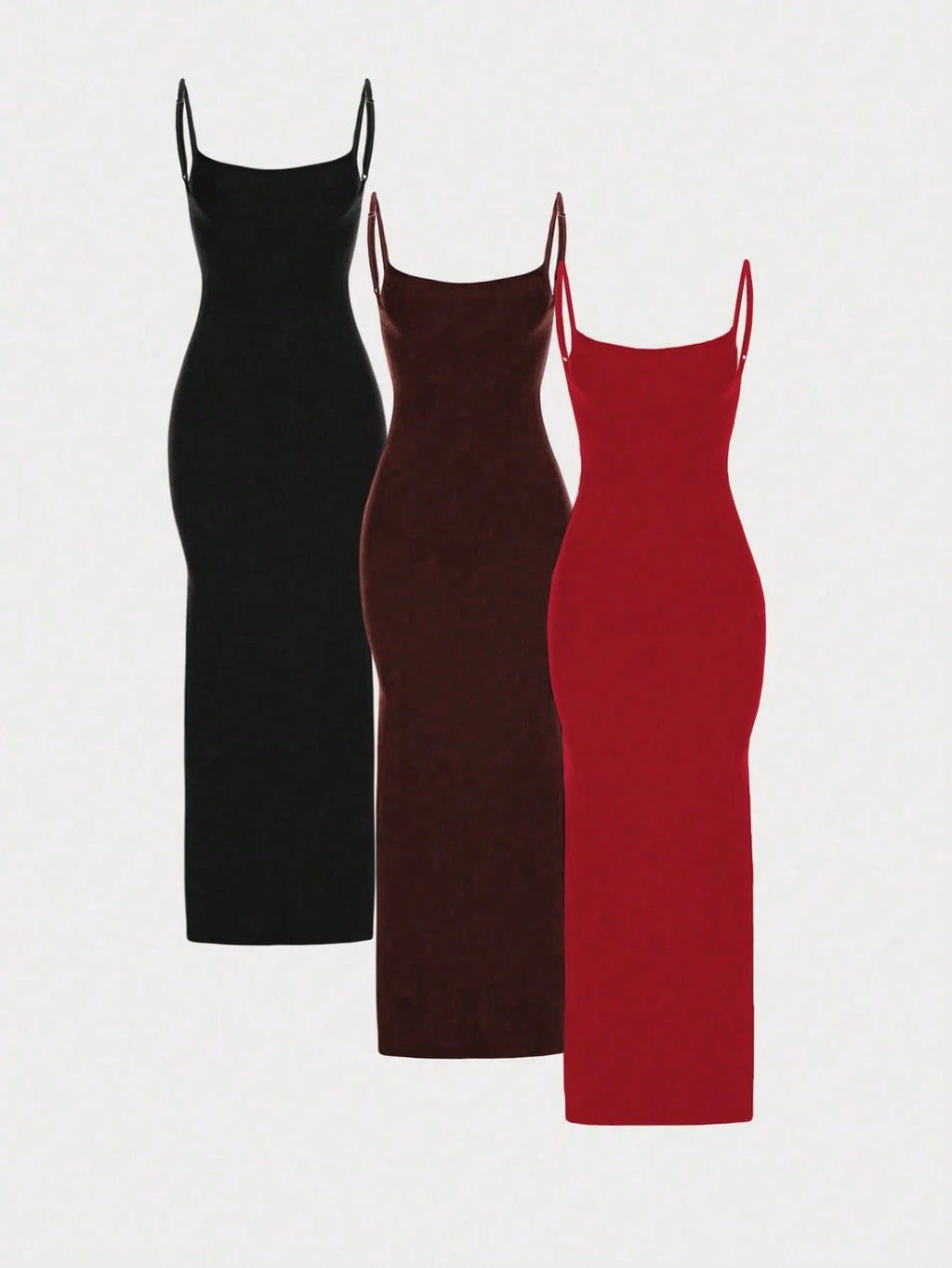 MYSTAURA 3pcs/Set Solid Color Pleated Fitted Camisole Dress, Black,