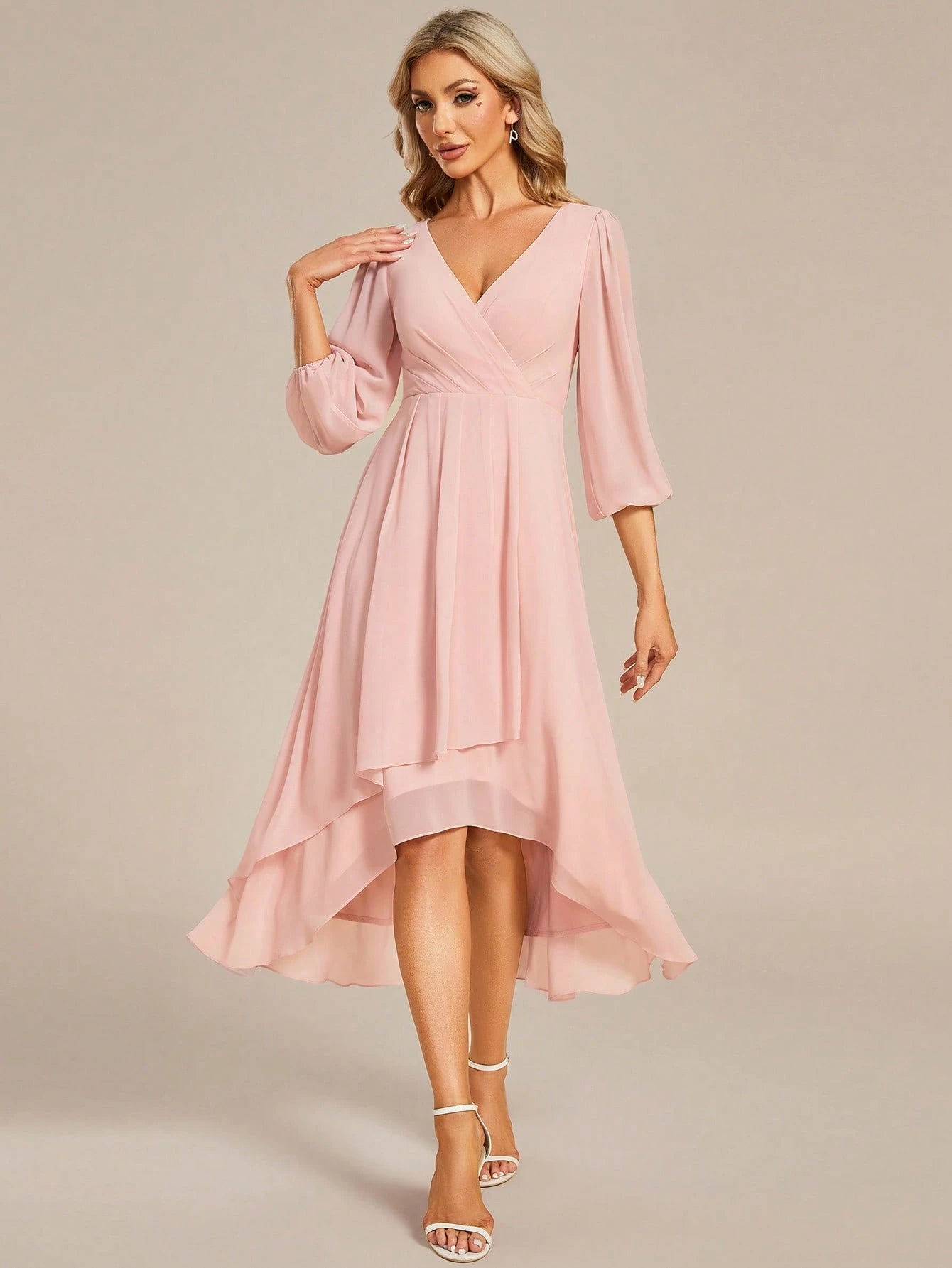 EVERPRETTY Elegant Lantern Sleeve Pleated Chiffon Bridesmaid Dress,