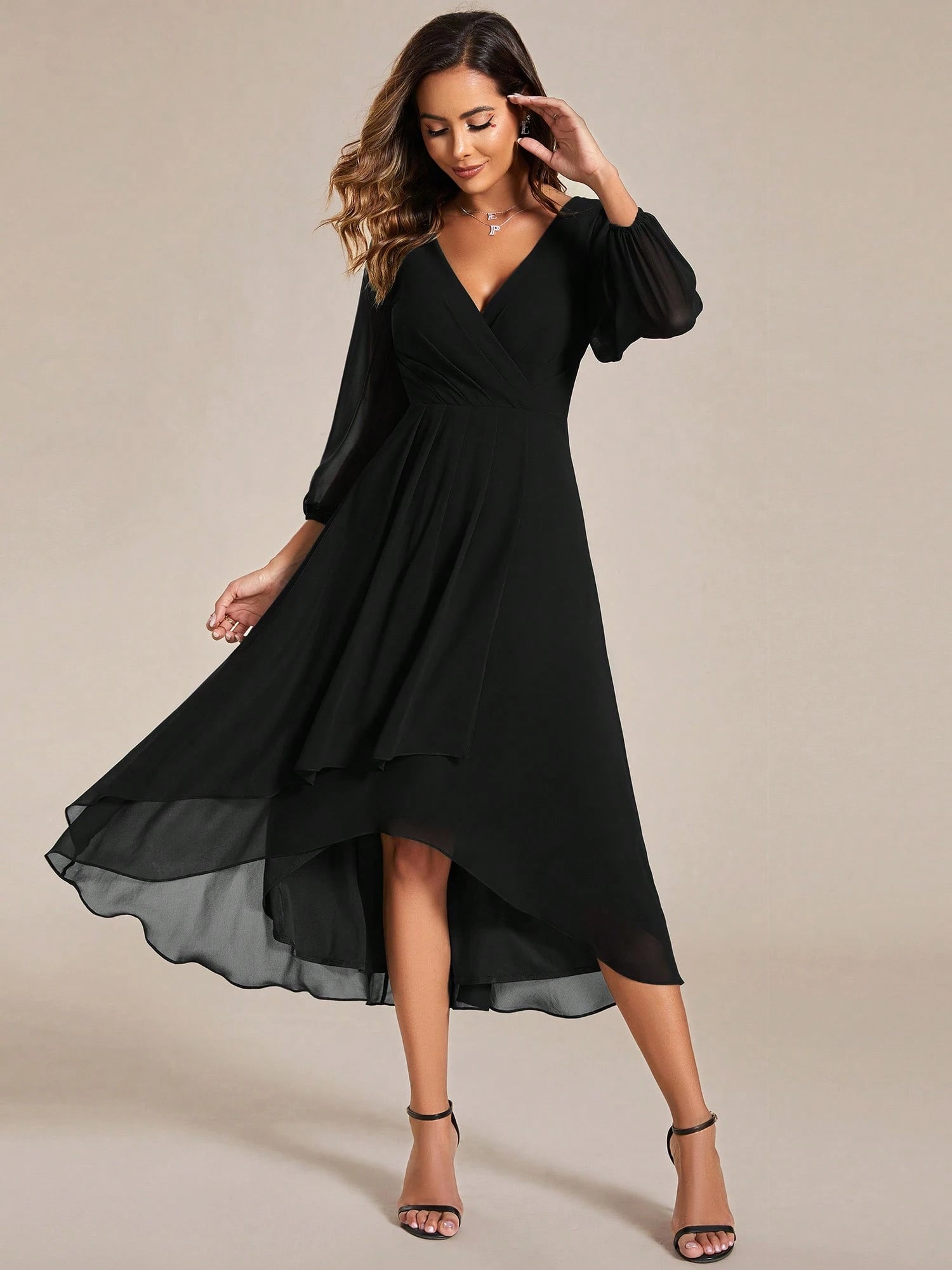 EVERPRETTY Elegant Lantern Sleeve Pleated Chiffon Bridesmaid Dress,
