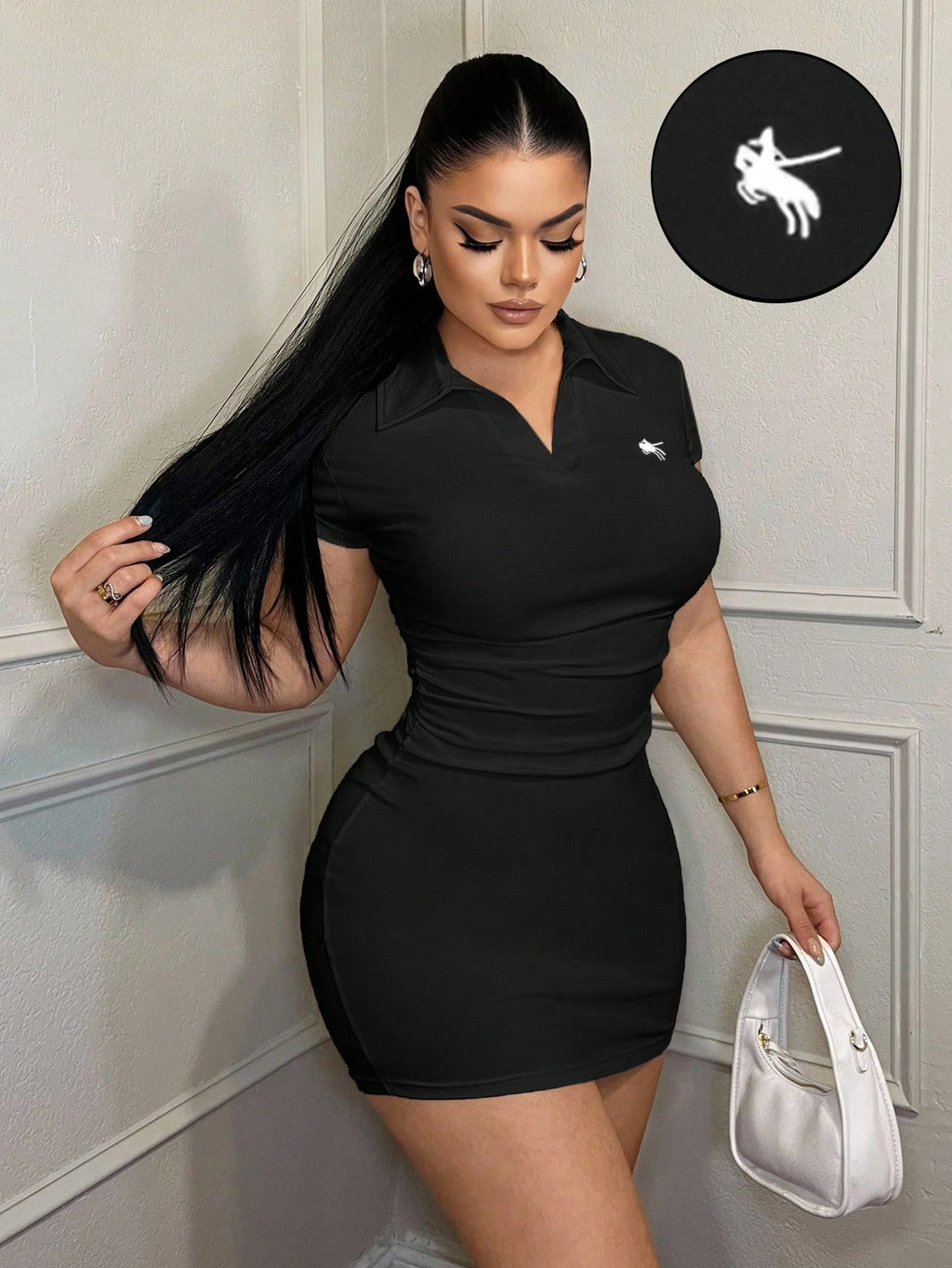 SXY Women's Casual Business Embroidered Polo Collar Dress Mini Dress