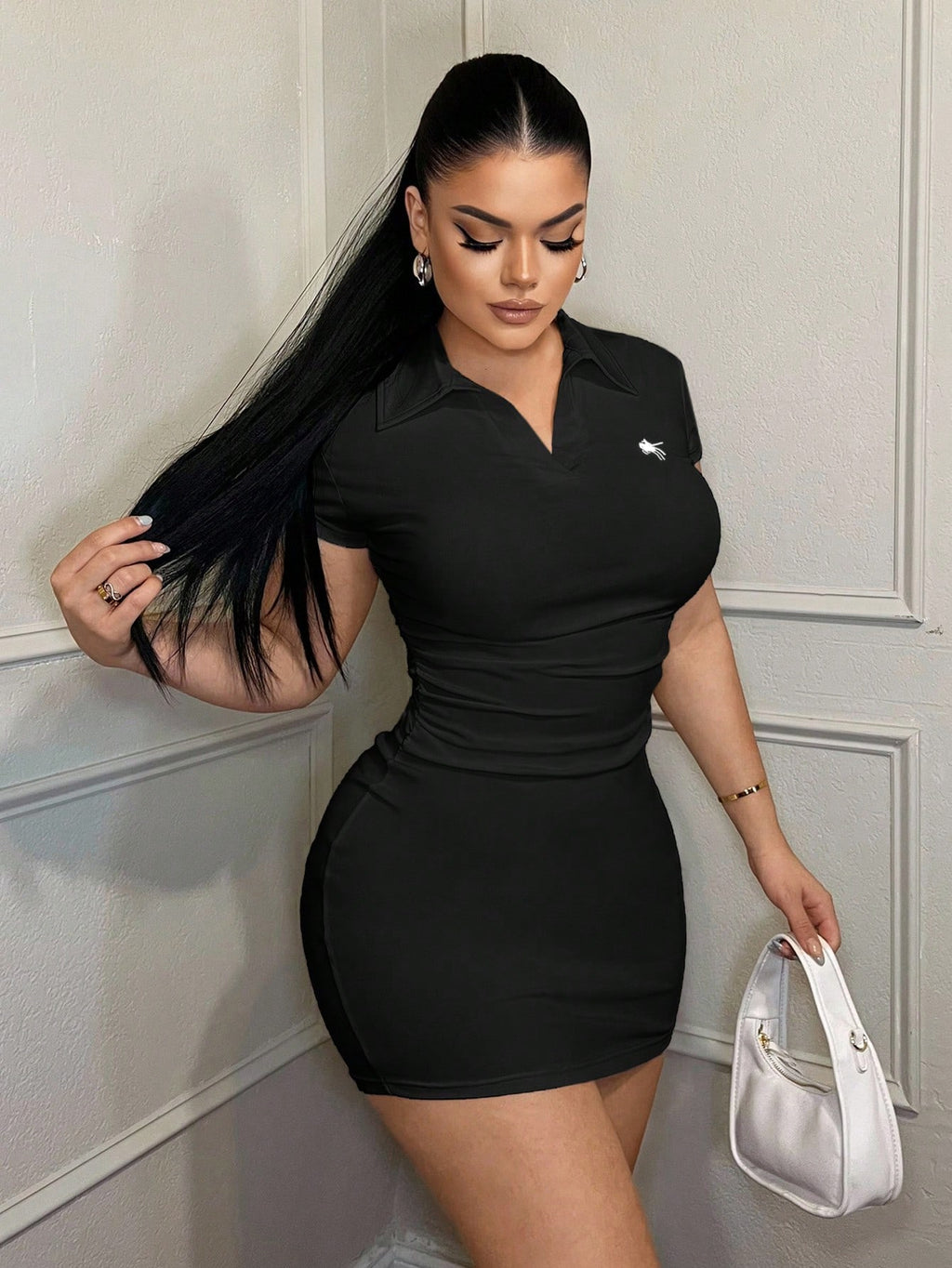 SXY Women's Casual Business Embroidered Polo Collar Dress Mini Dress