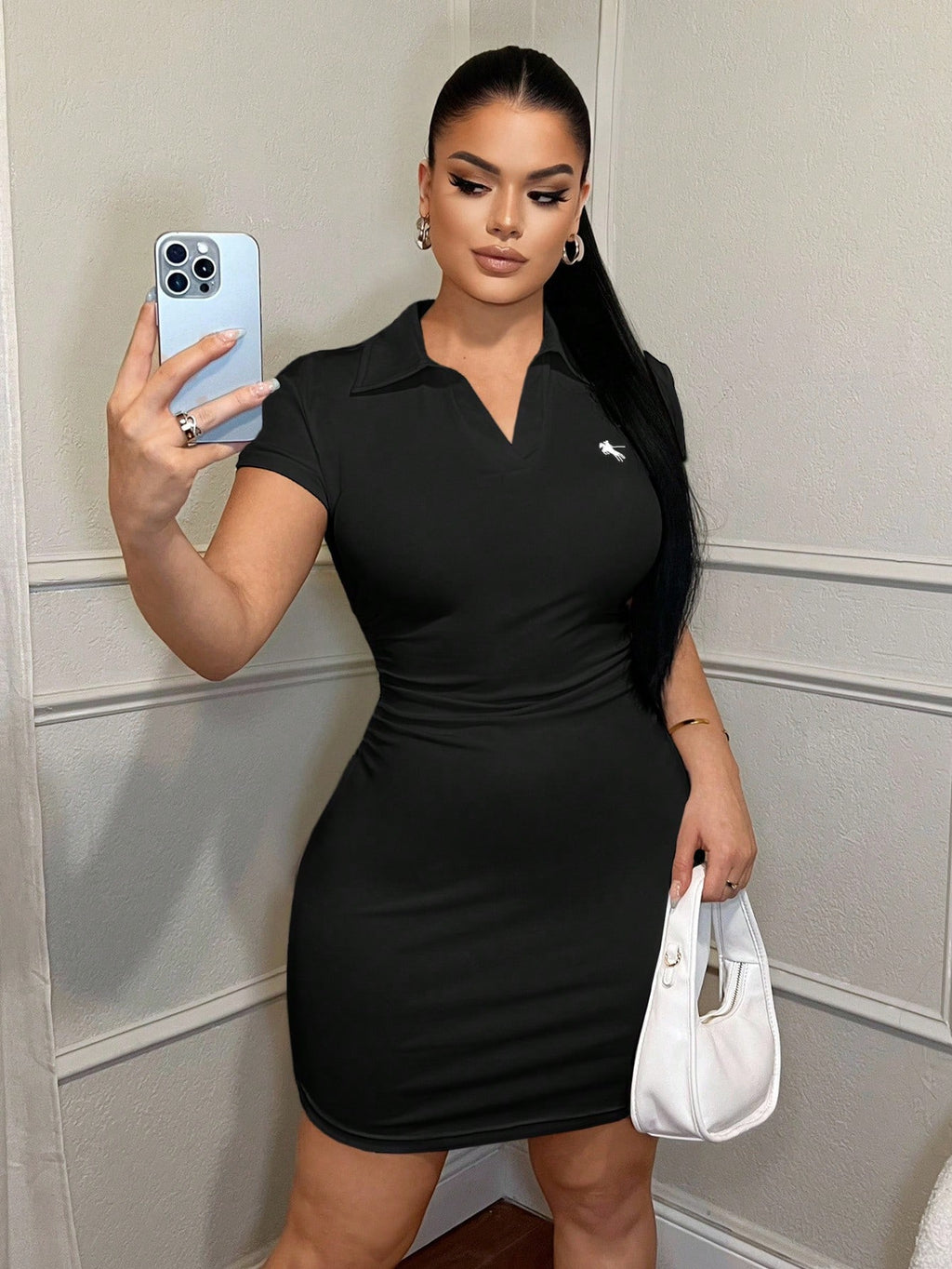 SXY Women's Casual Business Embroidered Polo Collar Dress Mini Dress