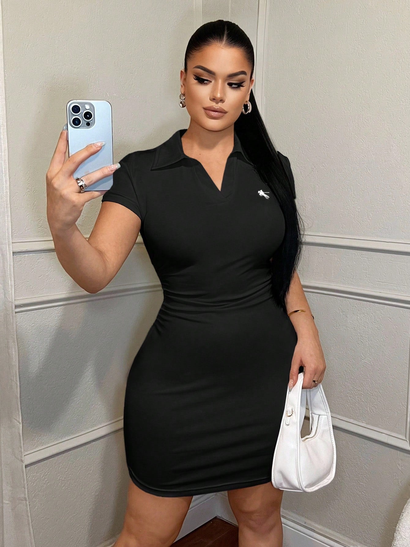 SXY Women's Casual Business Embroidered Polo Collar Dress Mini Dress