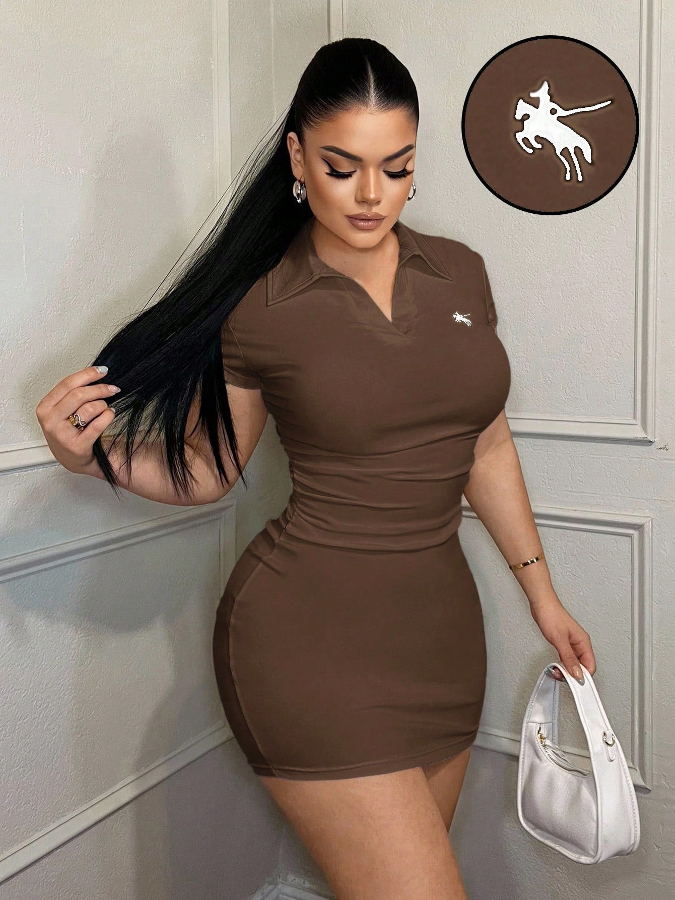 SXY Women's Casual Business Embroidered Polo Collar Dress Mini Dress