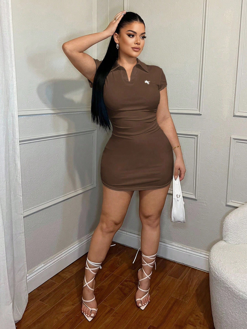 SXY Women's Casual Business Embroidered Polo Collar Dress Mini Dress