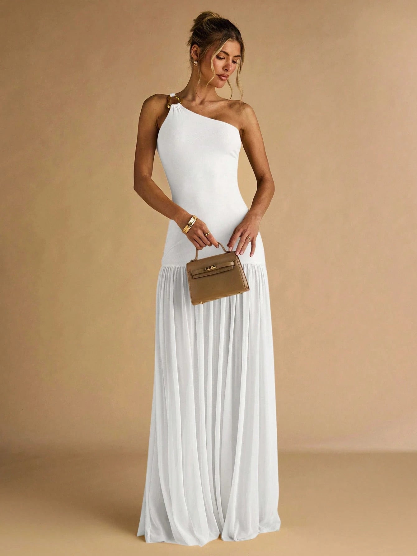 BAE Women's Brown And Gold Summer Elegant Dining Bodycon Dress,Asymmetric Shoulder Metal Buckle Sheer Hem - image 4