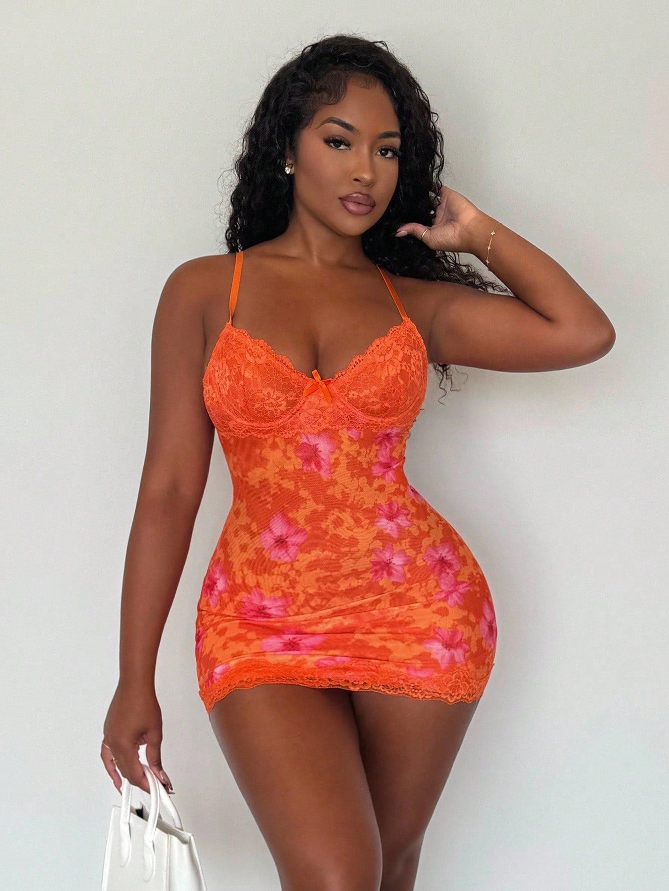 Alexandranx Lace Cup Detail Tropical Floral Mesh Bodycon Mini
