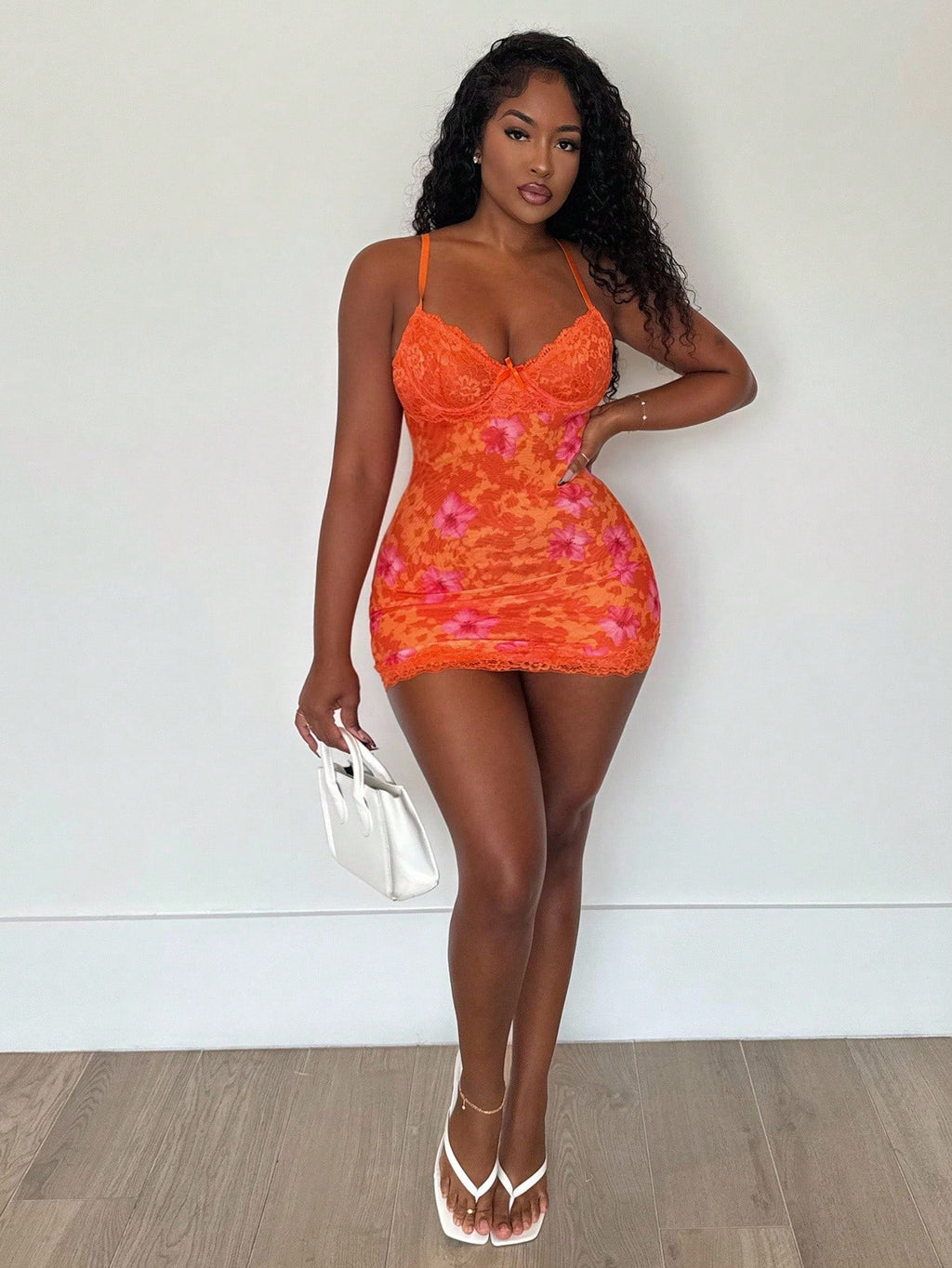 Alexandranx Lace Cup Detail Tropical Floral Mesh Bodycon Mini