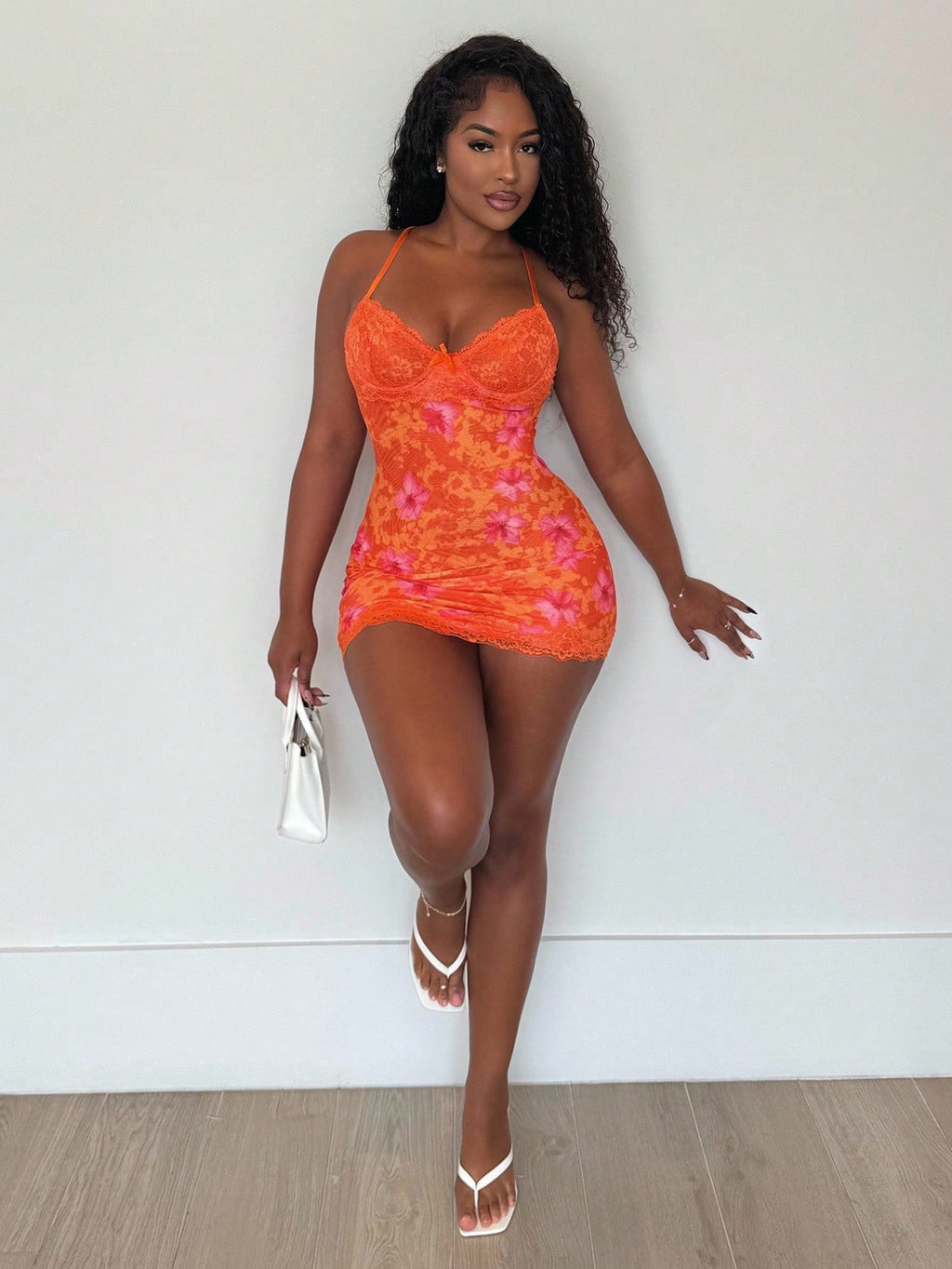 Alexandranx Lace Cup Detail Tropical Floral Mesh Bodycon Mini
