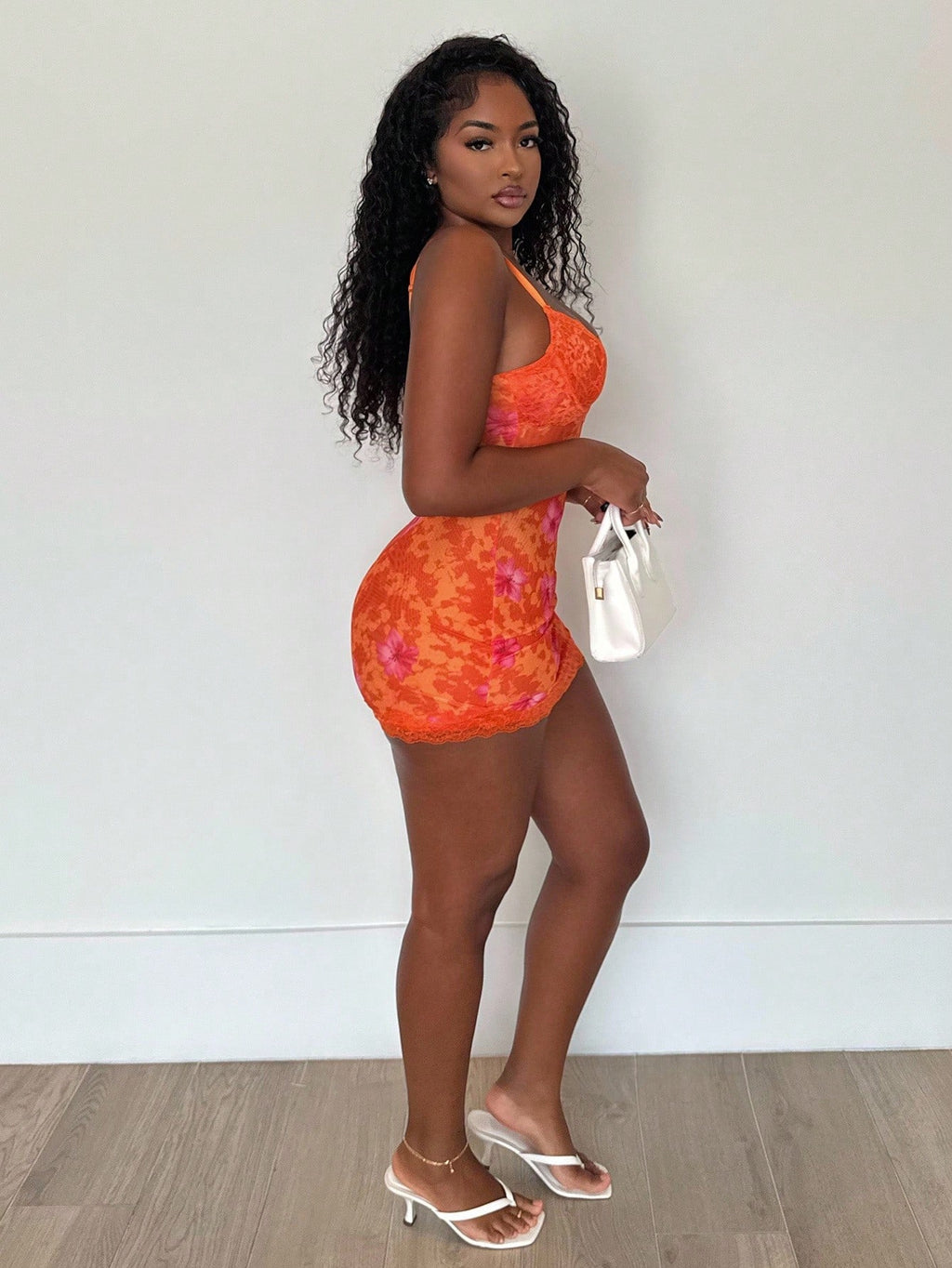 Alexandranx Lace Cup Detail Tropical Floral Mesh Bodycon Mini