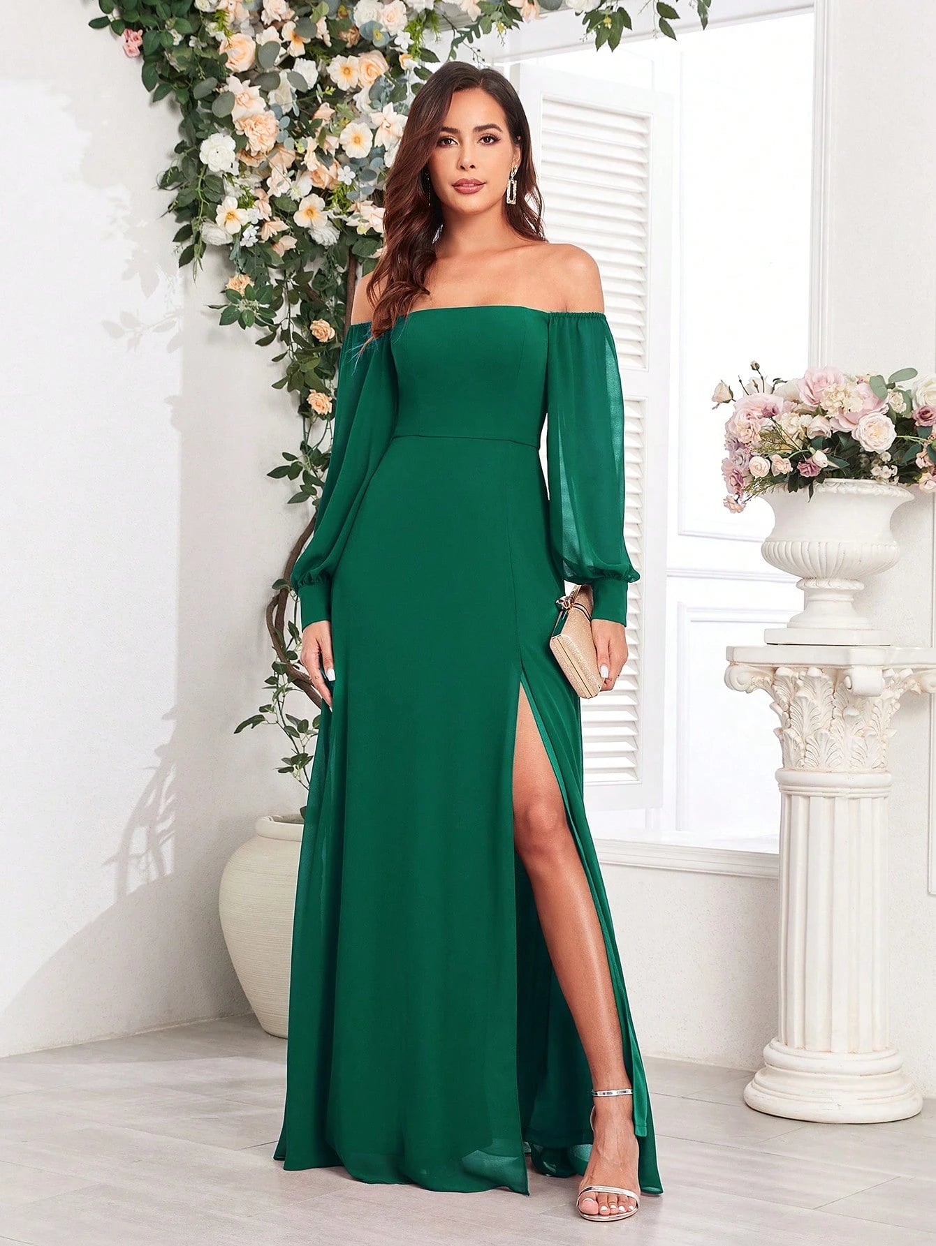 Women's Elegant Off-Shoulder High Slit A-Line Chiffon Bridesmaid Dress, Burgundy Party Gown, Graduation Prom - image 14