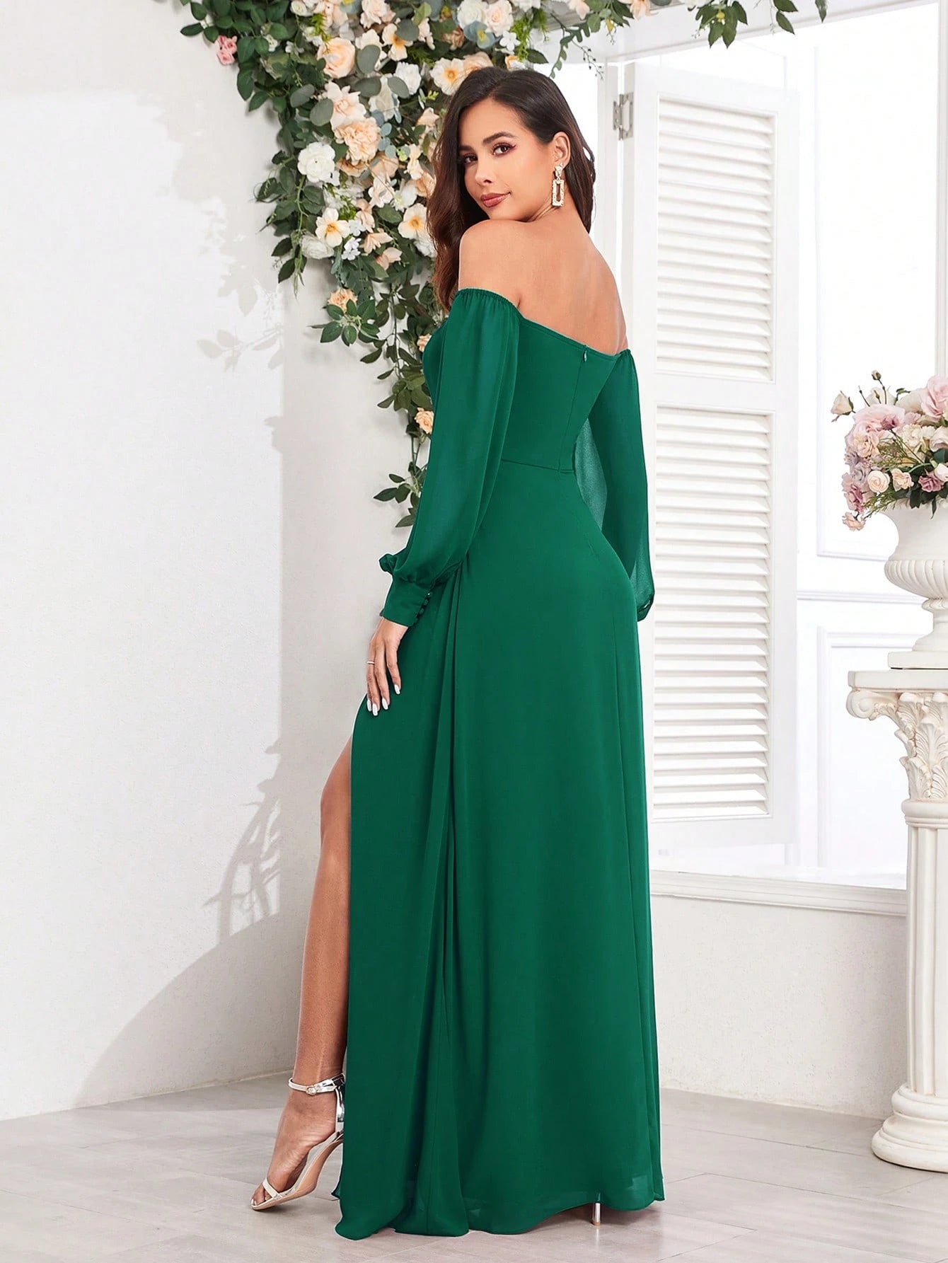 Women's Elegant Off-Shoulder High Slit A-Line Chiffon Bridesmaid Dress, Burgundy Party Gown, Graduation Prom - image 10