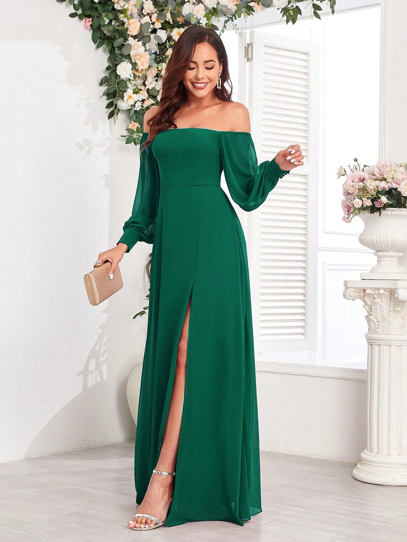 Women's Elegant Off-Shoulder High Slit A-Line Chiffon Bridesmaid Dress, Burgundy Party Gown, Graduation Prom - image 9