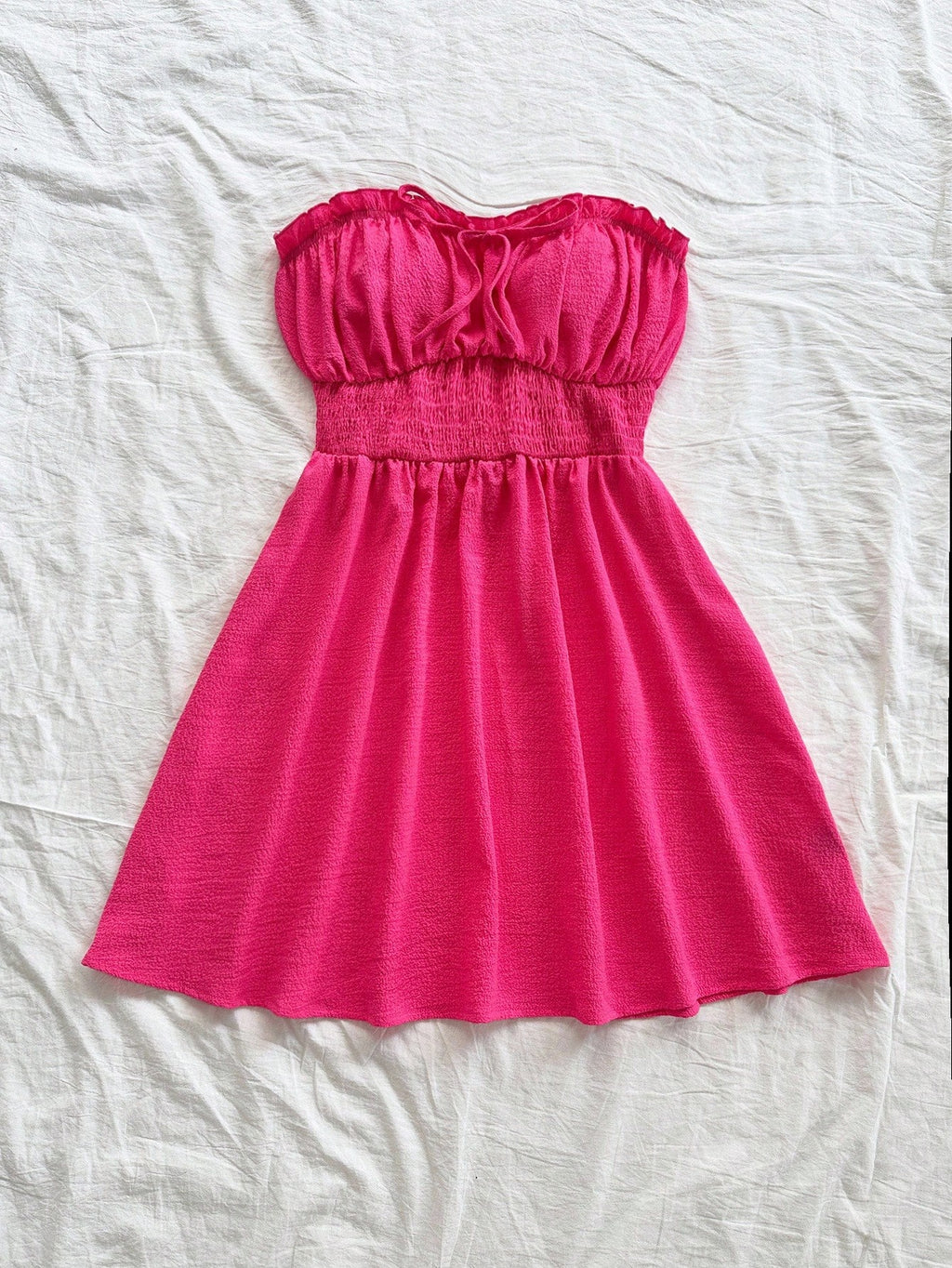 Soleia Women Summer Vacation Strapless Frill Trim Tie Waist Shirred