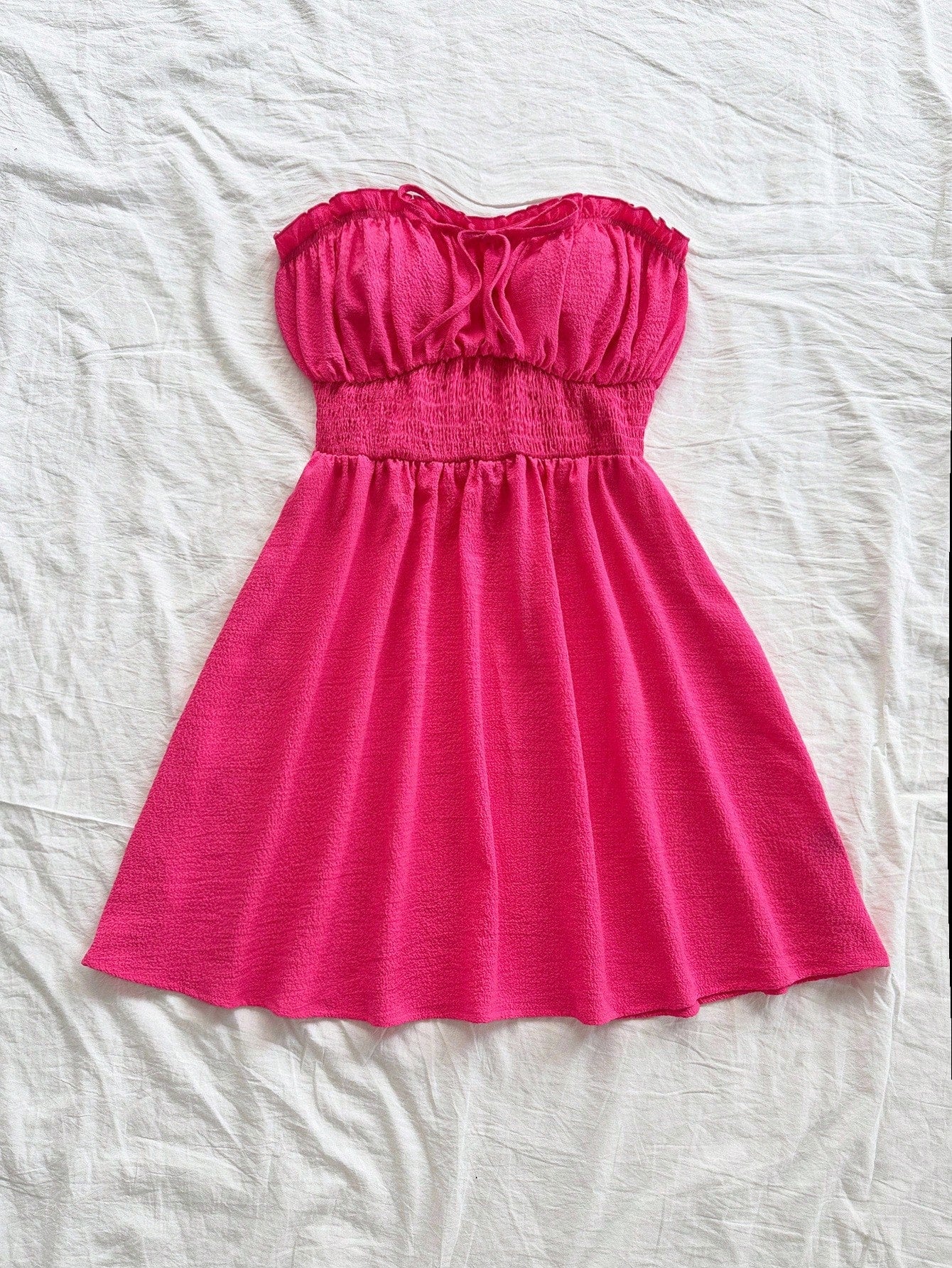 Soleia Women Summer Vacation Strapless Frill Trim Tie Waist Shirred