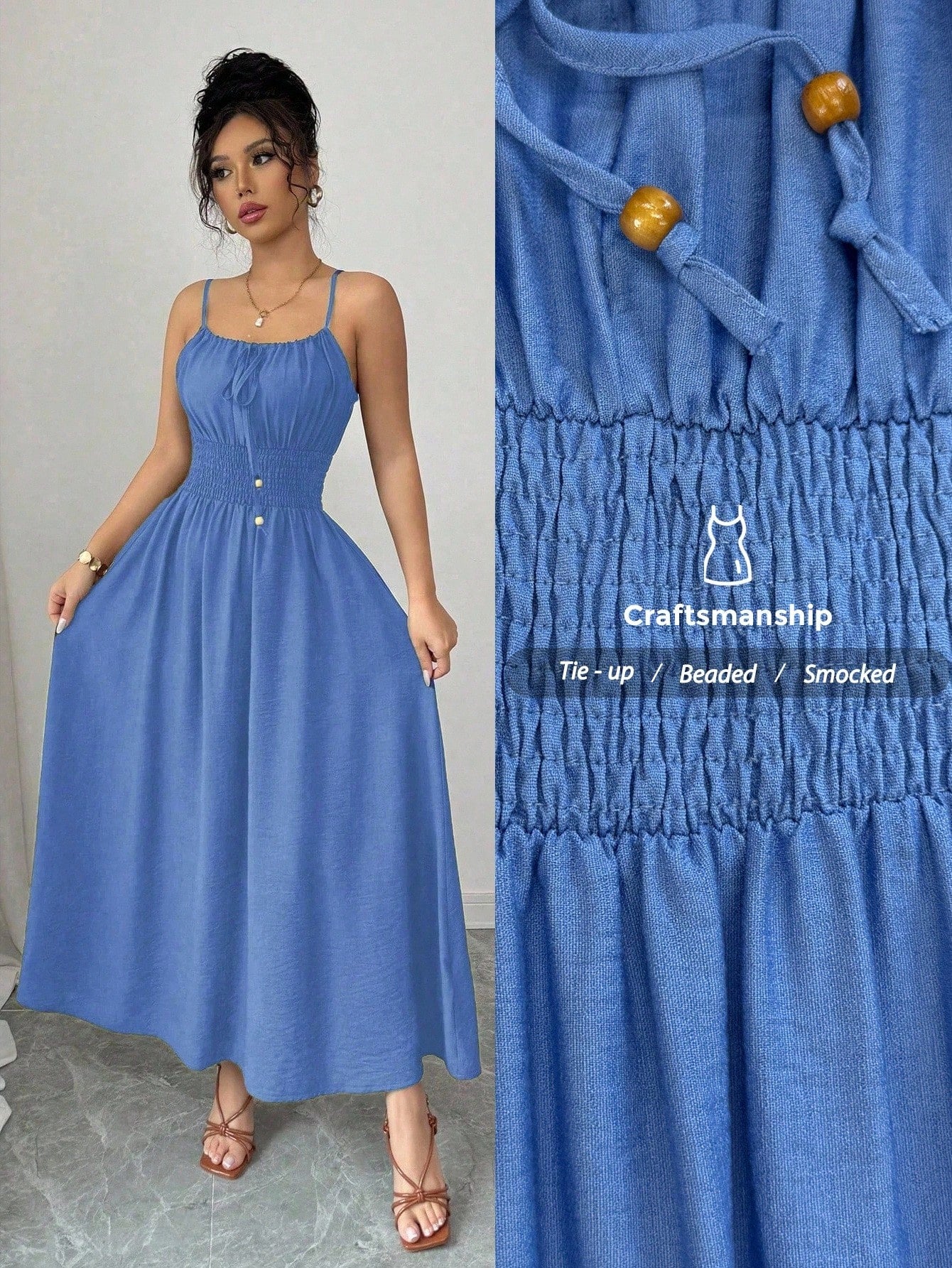 Elenzga Women's Casual Coffee-Colored Comfortable Linen Front Bow Tie Waist Flared Strap Dress, Spring/Summer - image 11