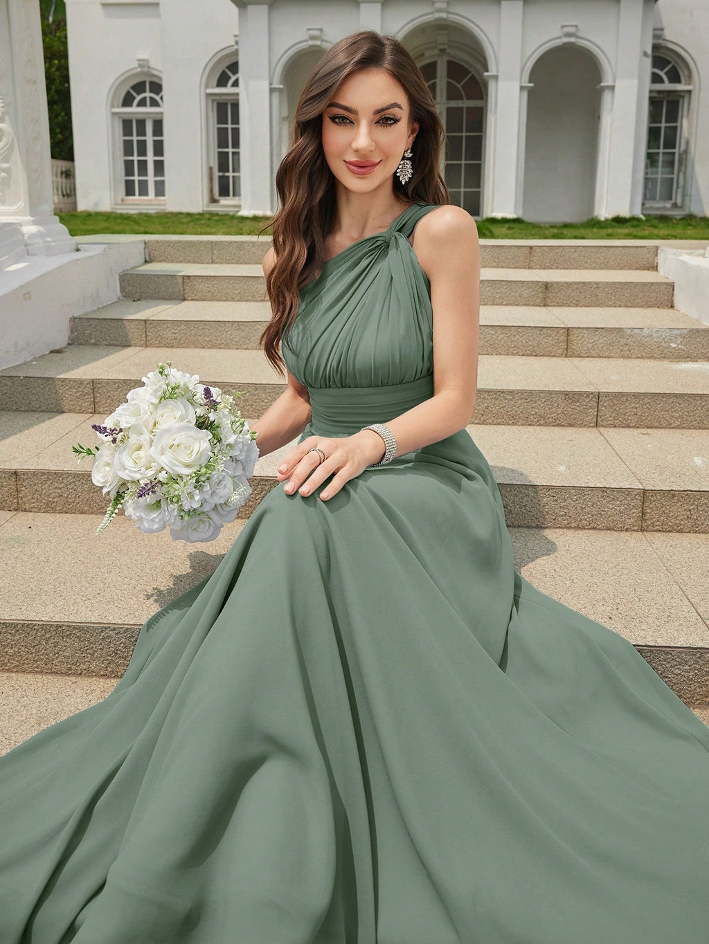 Volly Toych Off-The-Shoulder Ruched Chiffon Elegant Long Formal Bridesmaid Dress, Suitable For Wedding Guests - image 3