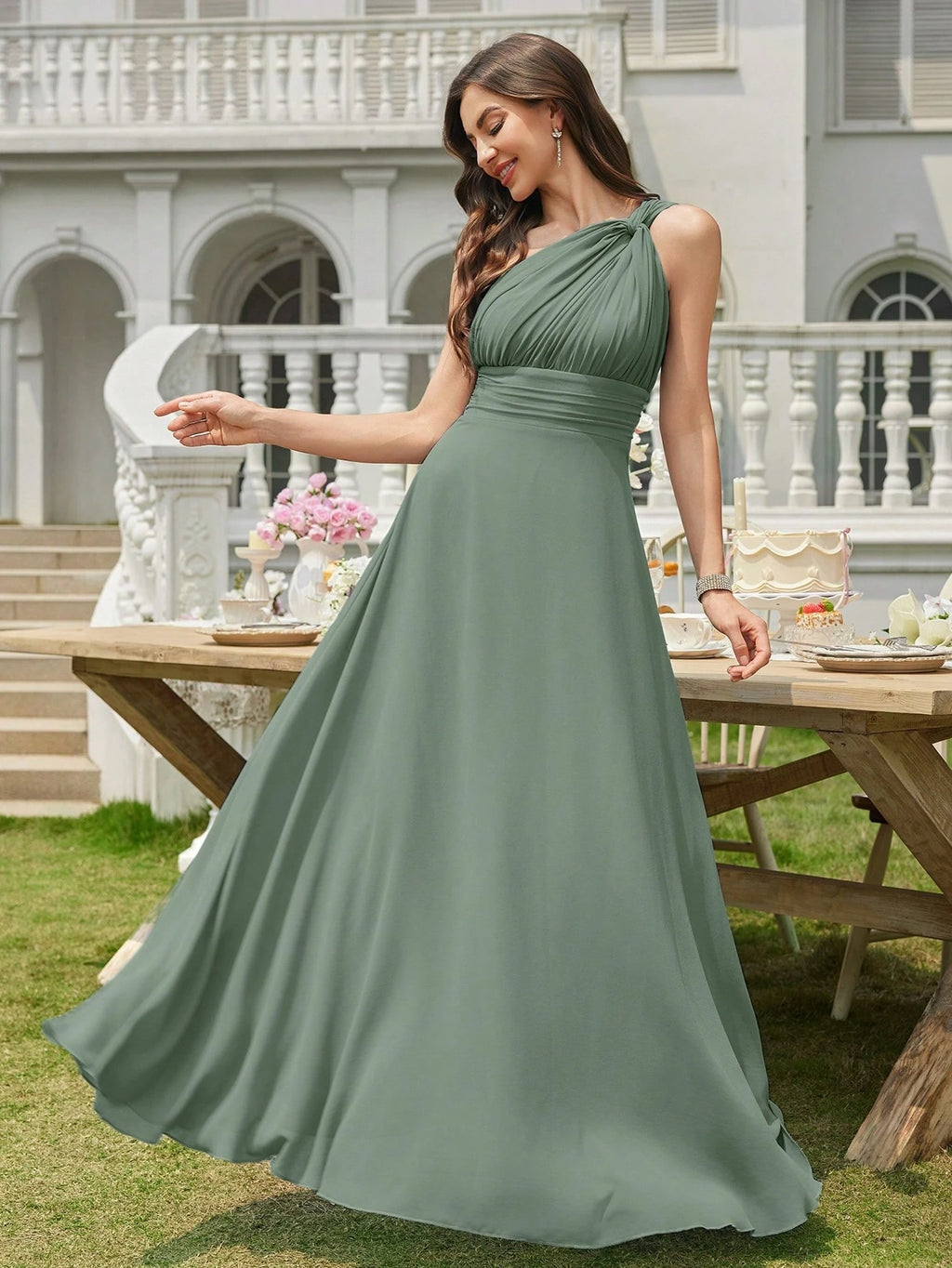 Volly Toych Off-The-Shoulder Ruched Chiffon Elegant Long Formal Bridesmaid Dress, Suitable For Wedding Guests - image 5