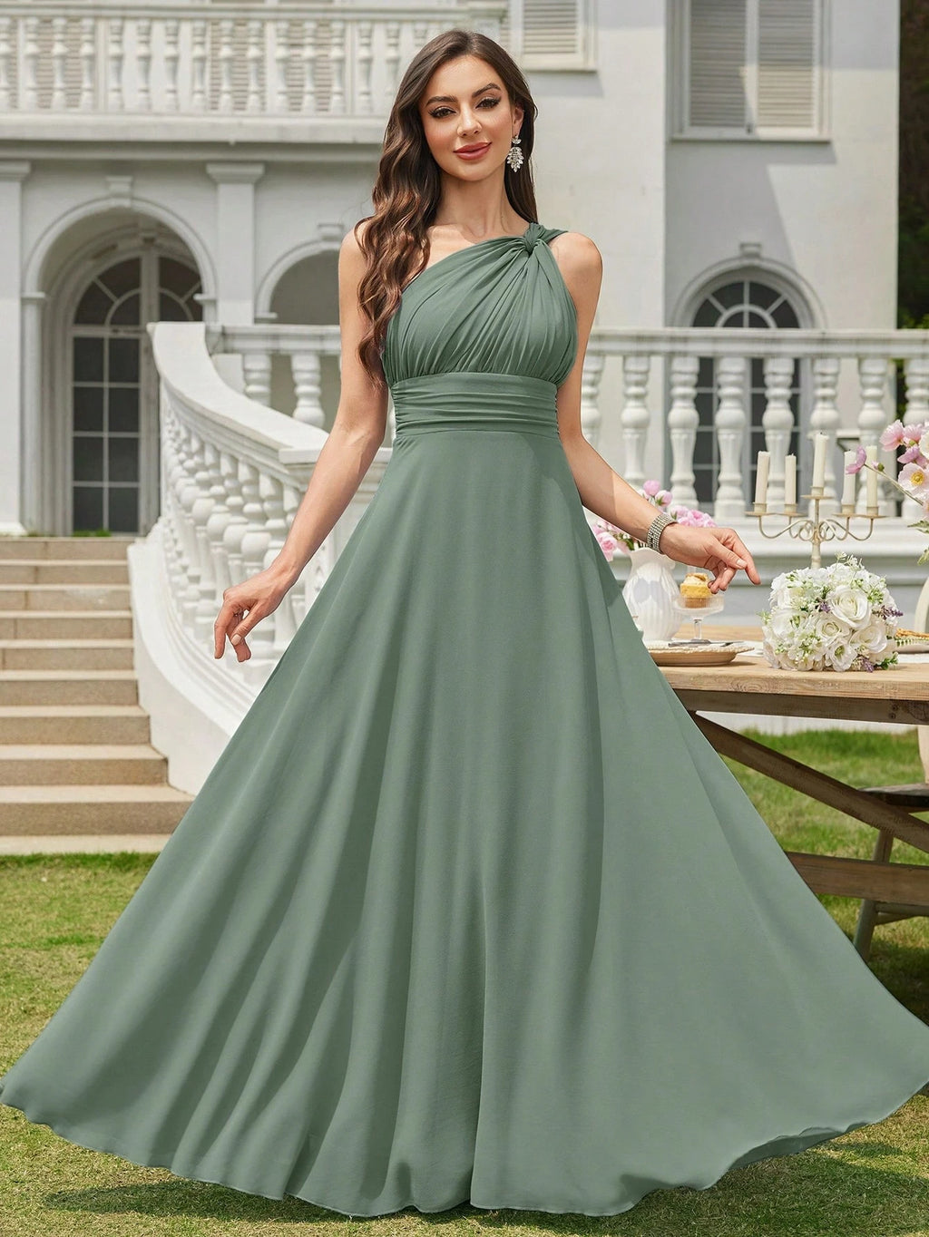 Volly Toych Off-The-Shoulder Ruched Chiffon Elegant Long Formal Bridesmaid Dress, Suitable For Wedding Guests - image 4