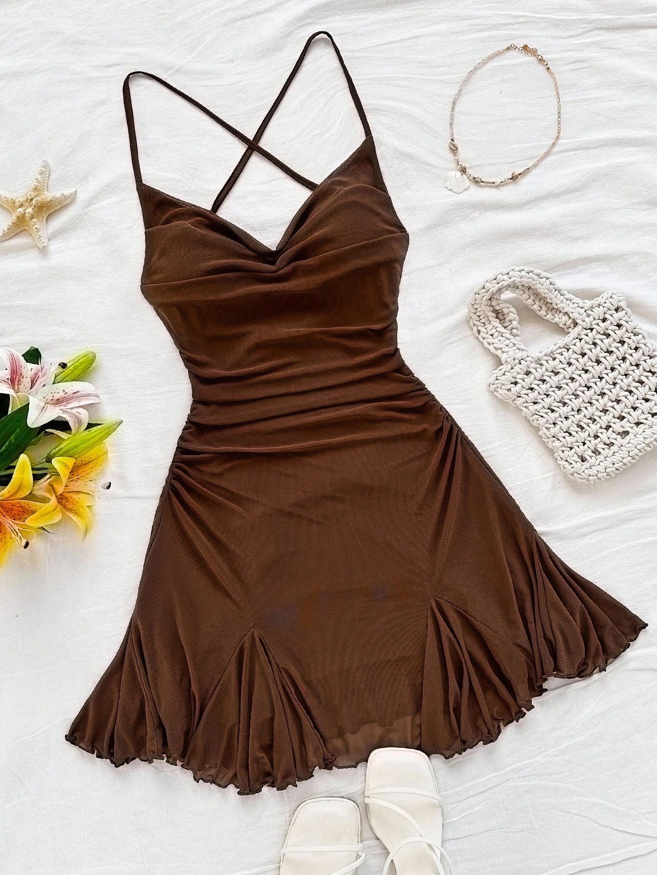 Soleia Women's Burnt Orange Spaghetti Strap Mini Dress,Summer 70s