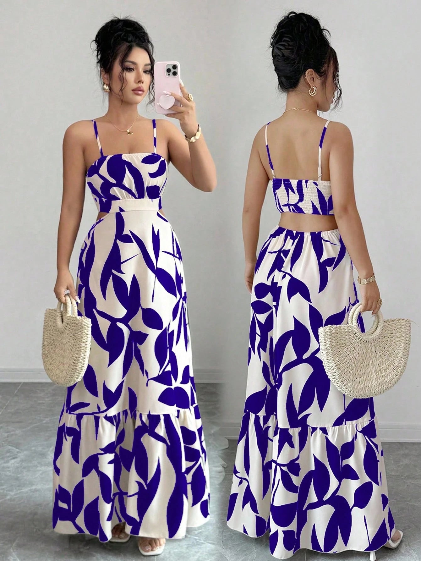 Women's Elegant Printed Waist-Cinched Long Dress