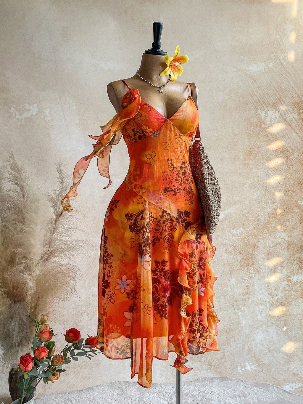 Soleia WYWH Vacation Retro Bohemian Animal Print Tie Dye Jellyfish Frill Trim 3D Floral Shiny Chiffon Dress - image 4