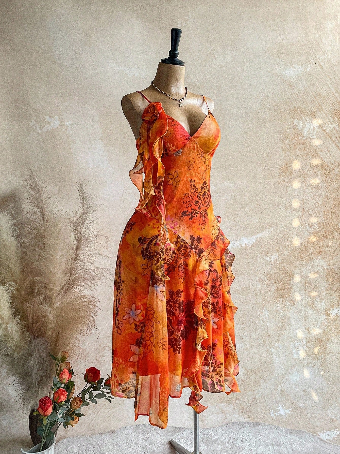 Soleia WYWH Vacation Retro Bohemian Animal Print Tie Dye Jellyfish Frill Trim 3D Floral Shiny Chiffon Dress - image 5