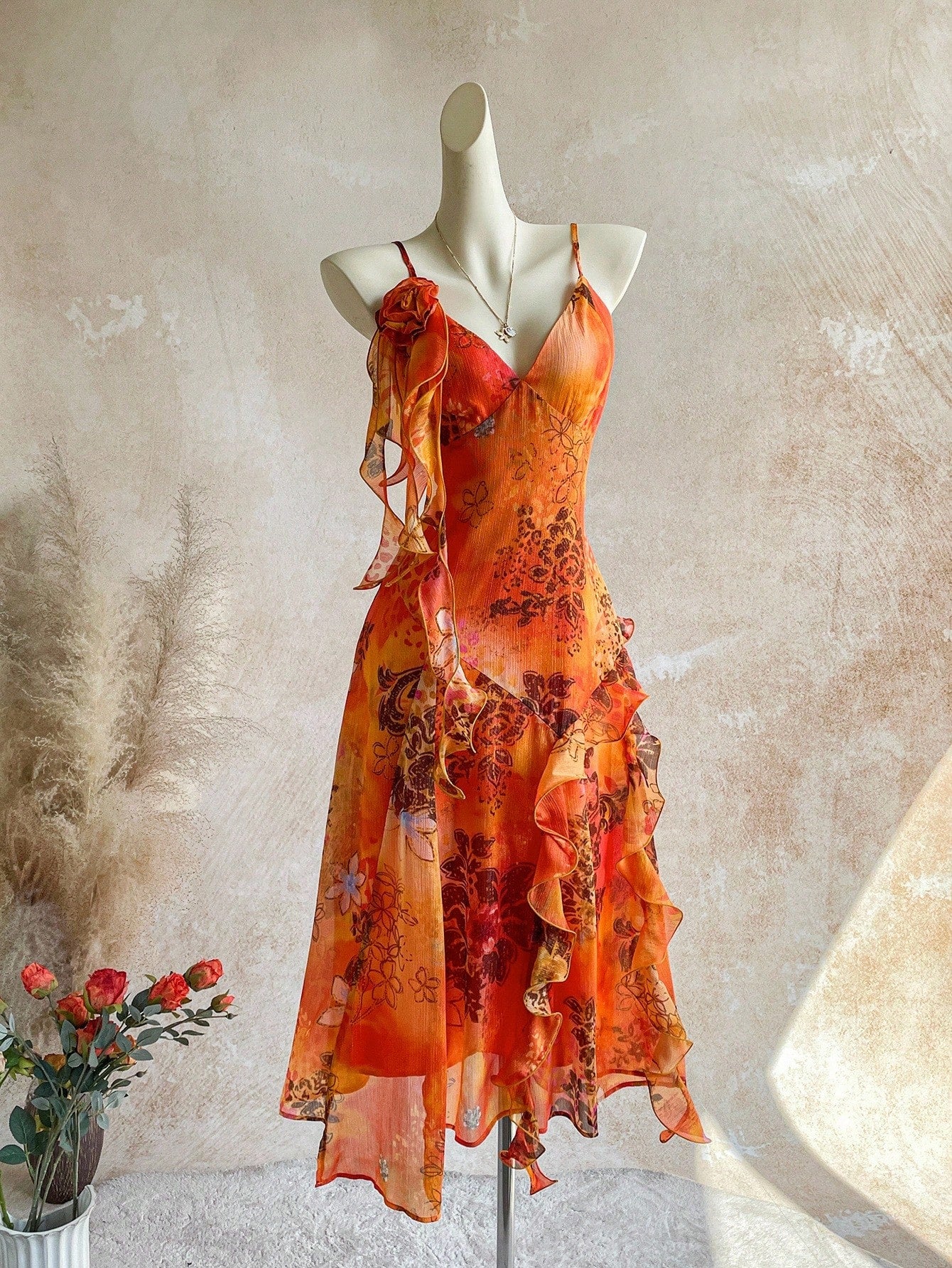 Soleia WYWH Vacation Retro Bohemian Animal Print Tie Dye Jellyfish Frill Trim 3D Floral Shiny Chiffon Dress - image 6