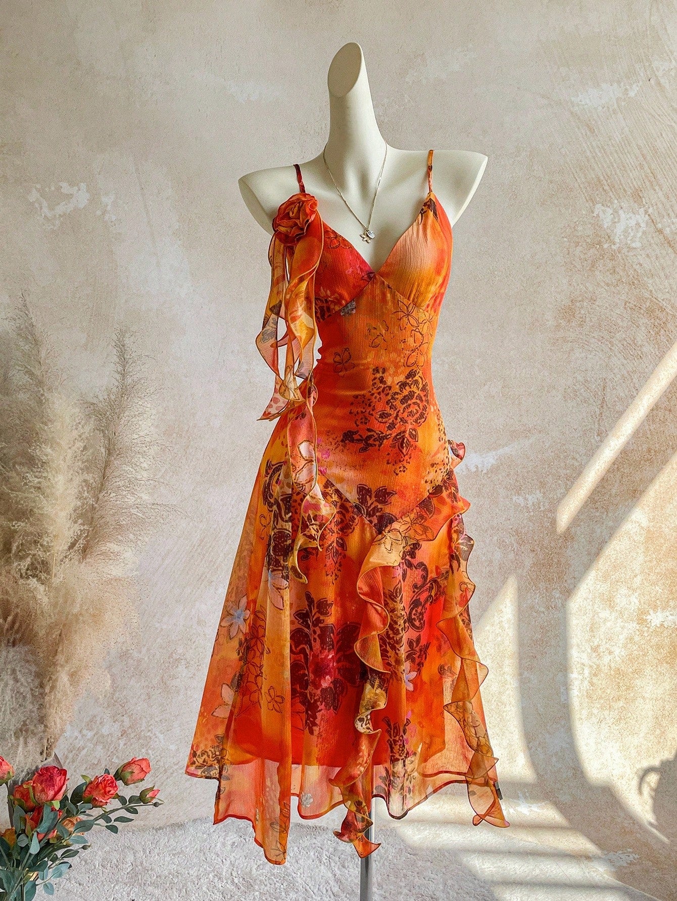Soleia WYWH Vacation Retro Bohemian Animal Print Tie Dye Jellyfish Frill Trim 3D Floral Shiny Chiffon Dress - image 7