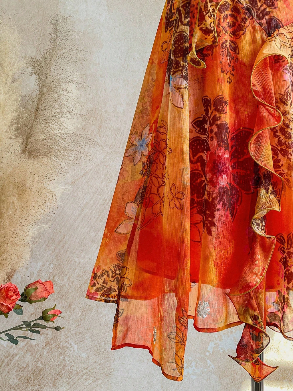 Soleia WYWH Vacation Retro Bohemian Animal Print Tie Dye Jellyfish Frill Trim 3D Floral Shiny Chiffon Dress - image 9