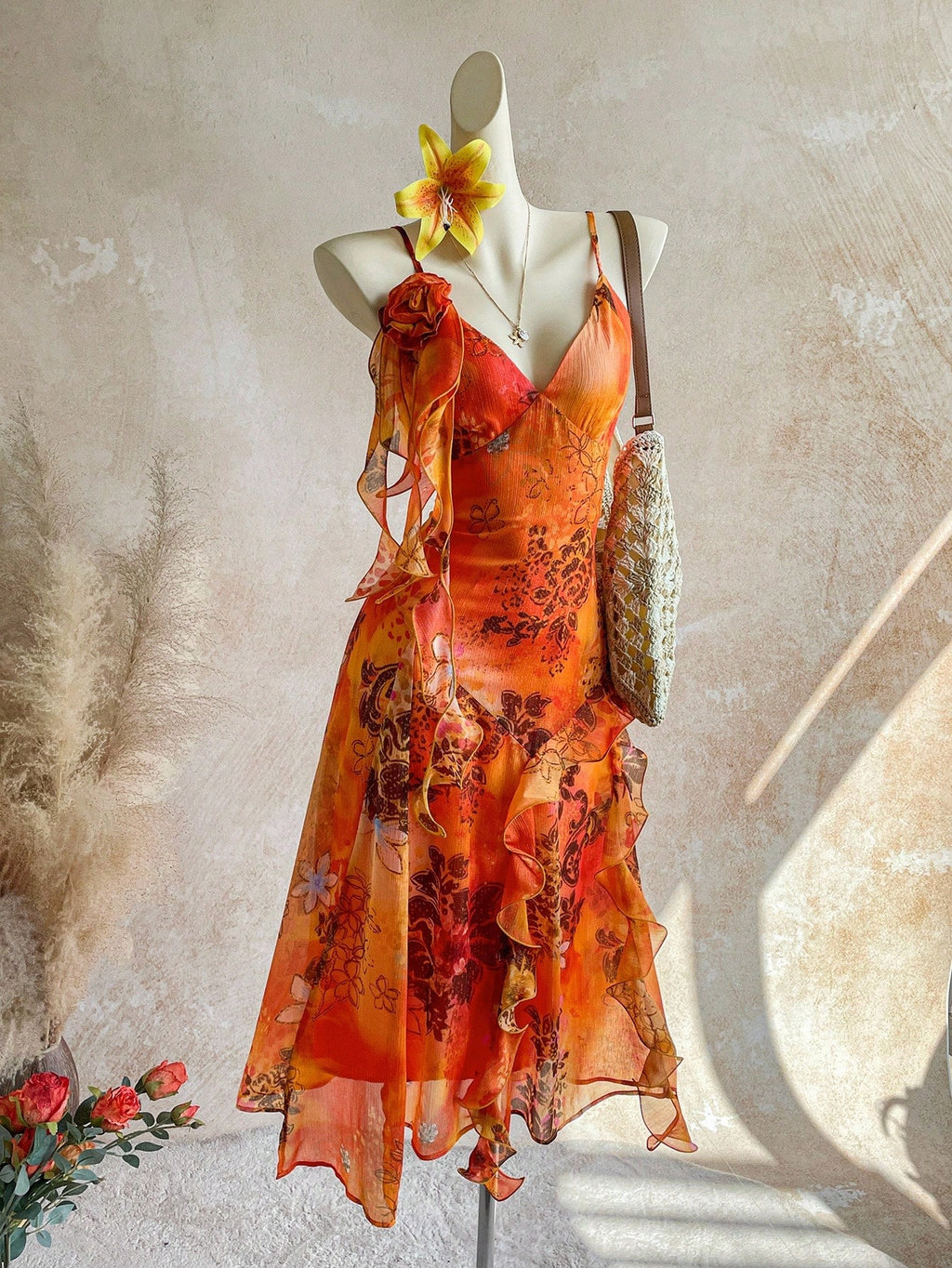 Soleia WYWH Vacation Retro Bohemian Animal Print Tie Dye Jellyfish Frill Trim 3D Floral Shiny Chiffon Dress - image 10