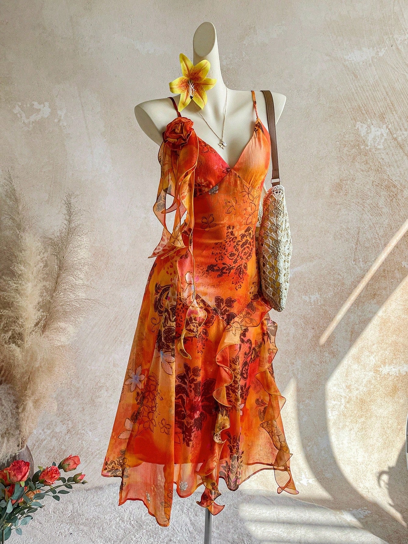 Soleia WYWH Vacation Retro Bohemian Animal Print Tie Dye Jellyfish Frill Trim 3D Floral Shiny Chiffon Dress - image 10