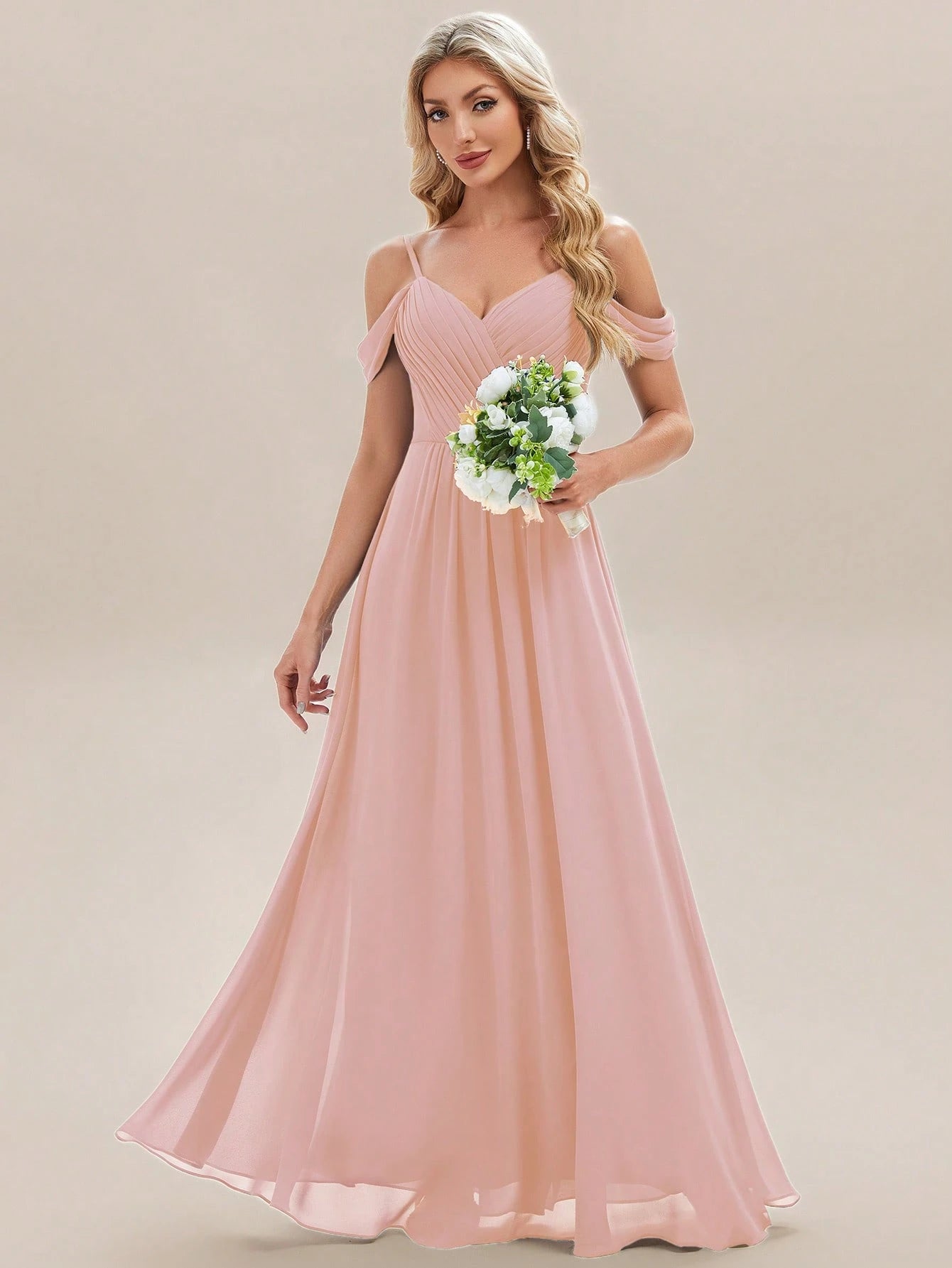 EVERPRETTY Elegant Solid Color V-Neck Ruched Blush Pink Bridesmaid Dress, Suitable For Weddings, Birthdays, - image 9