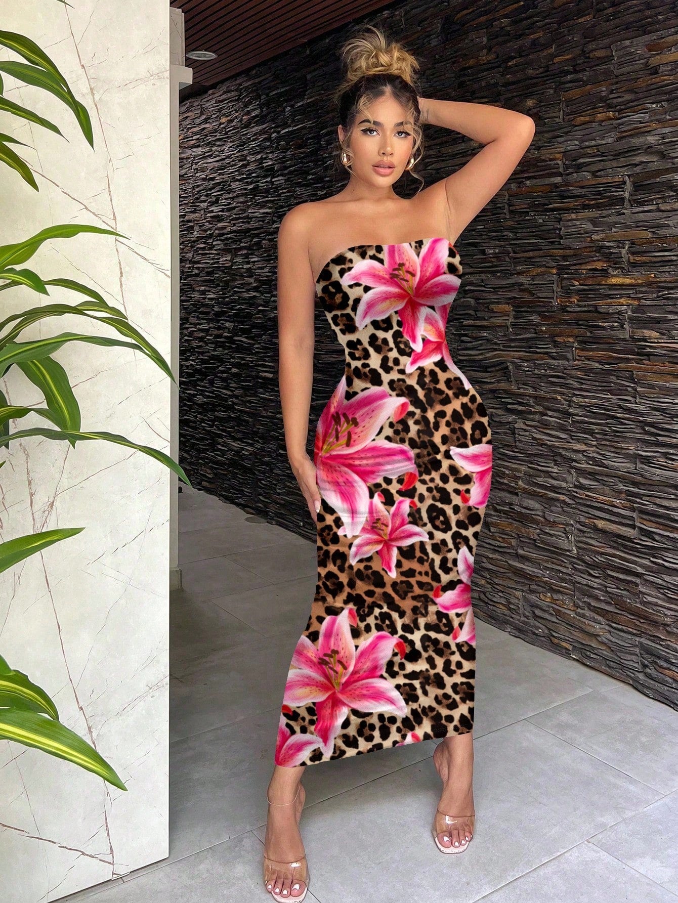 SXY Women's Ombre Floral & Leopard Print Dress, For Dates, Parties,
