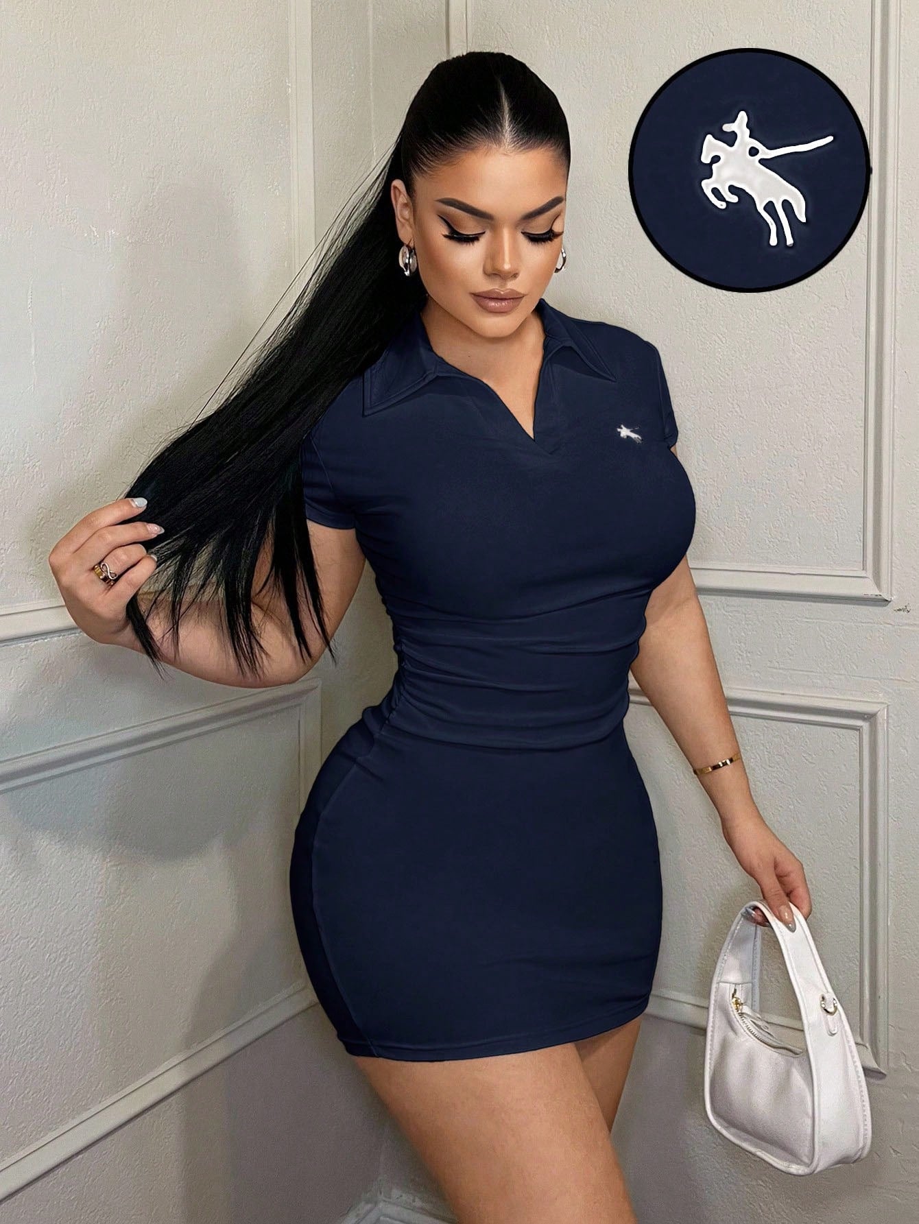 SXY Women's Casual Business Embroidered Polo Collar Dress Mini Dress