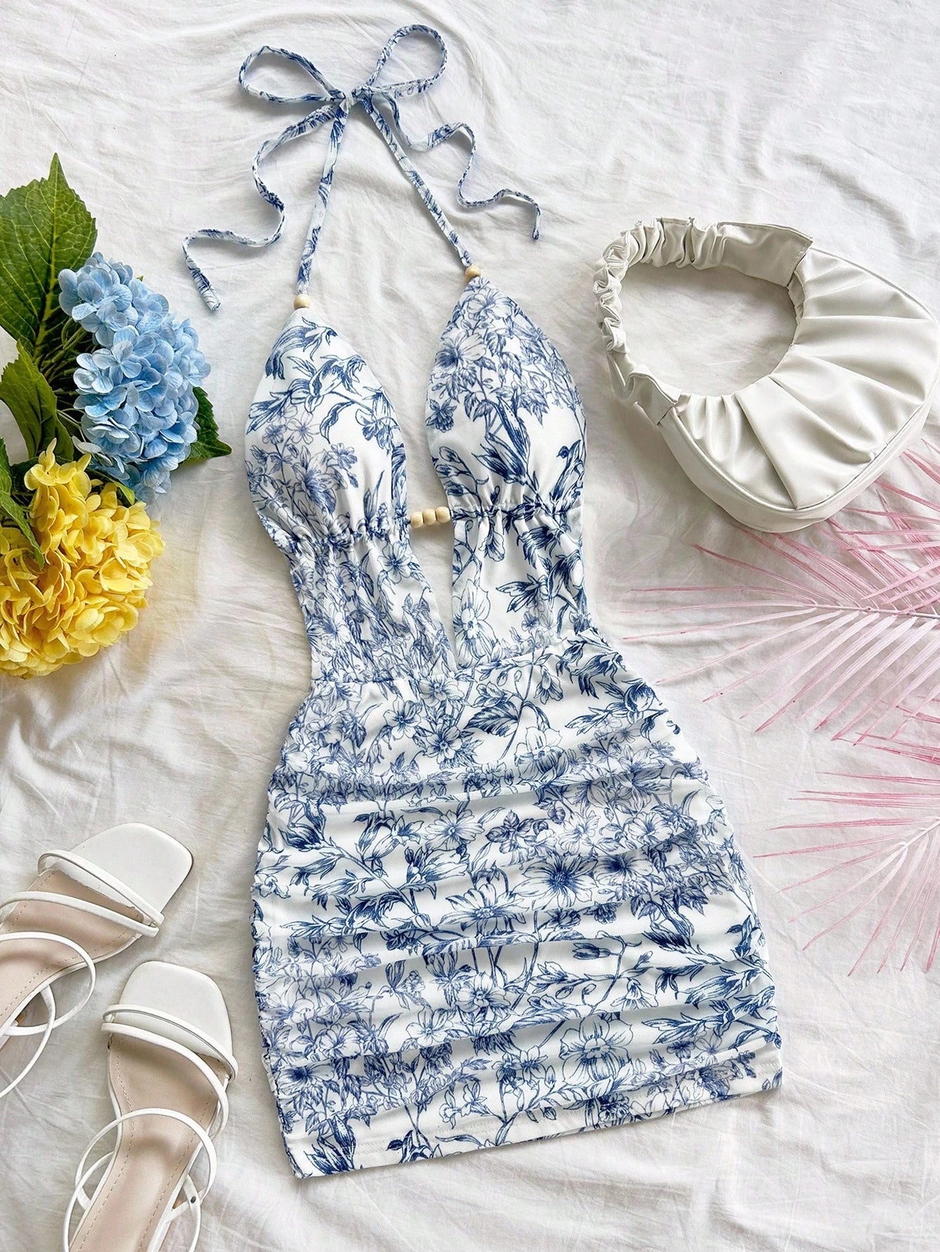 Soleia Women's White And Blue Floral Summer Boho Holiday Vacation
