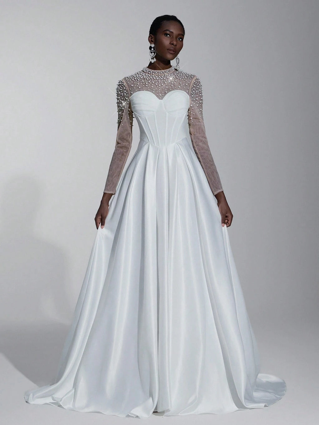 Elitara Elegant White Spring Formal Party Wedding Bridal Dress,See-Through Long Sleeves Satin Hand-Beaded - image 2