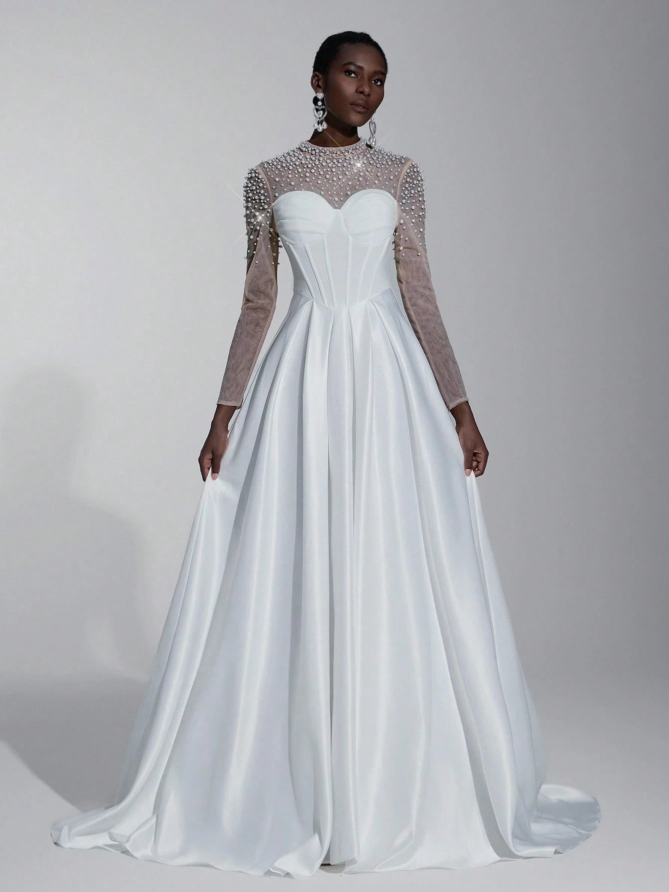 Elitara Elegant White Spring Formal Party Wedding Bridal Dress,See-Through Long Sleeves Satin Hand-Beaded - image 2