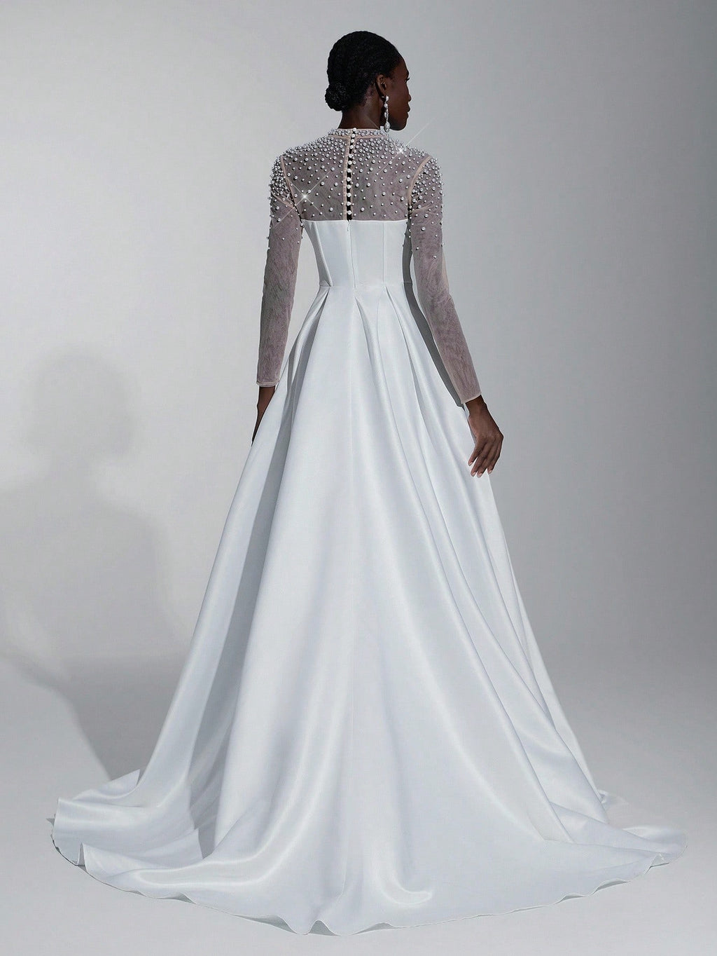 Elitara Elegant White Spring Formal Party Wedding Bridal Dress,See-Through Long Sleeves Satin Hand-Beaded - image 5