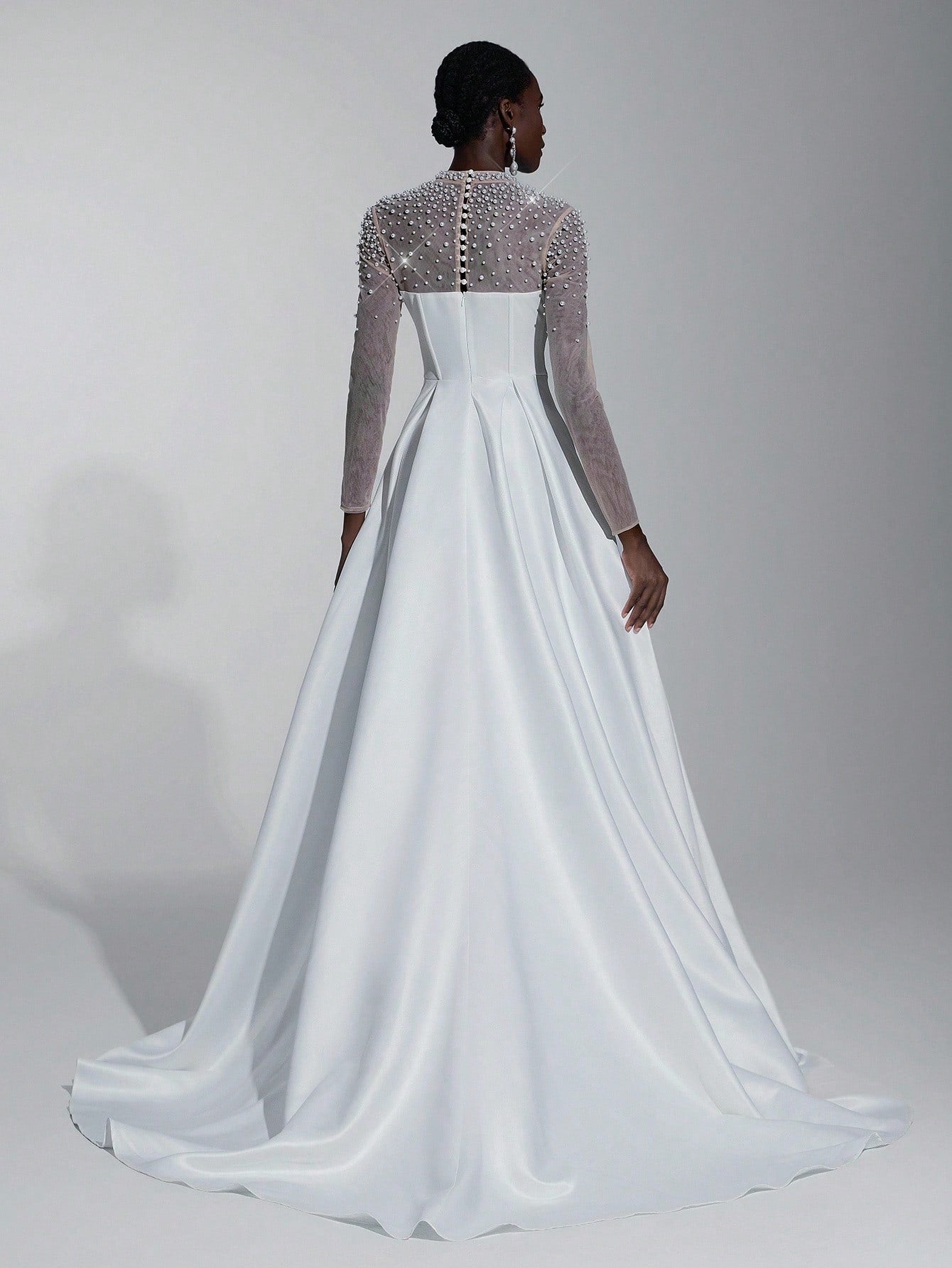 Elitara Elegant White Spring Formal Party Wedding Bridal Dress,See-Through Long Sleeves Satin Hand-Beaded - image 5