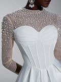 Elitara Elegant White Spring Formal Party Wedding Bridal Dress,See-Through Long Sleeves Satin Hand-Beaded